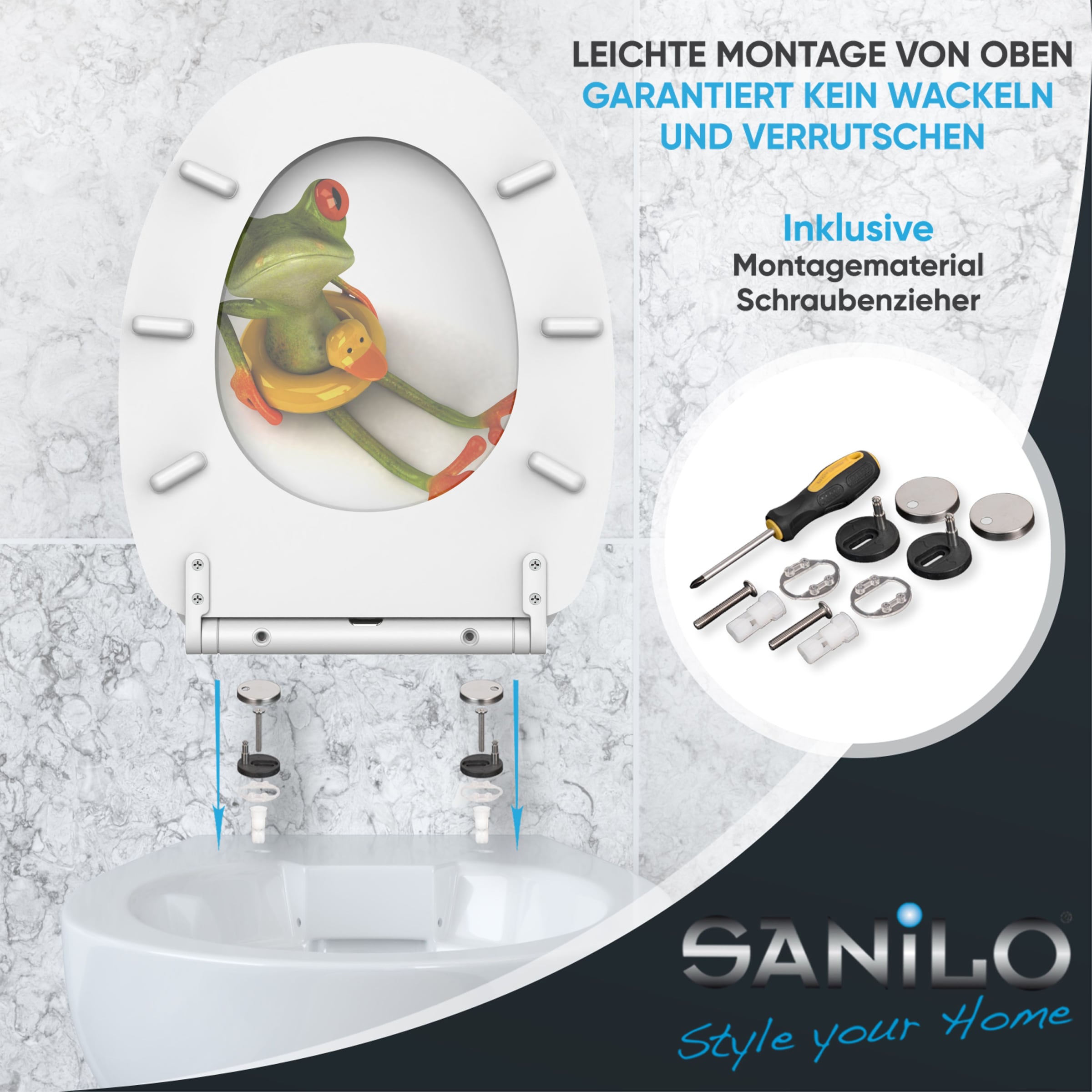 Sanilo WC-Sitz »Froggy mit Absenkautomatik & Quick Release« Premium Toilettendeckel, abnehmbar, leichte Montage von oben