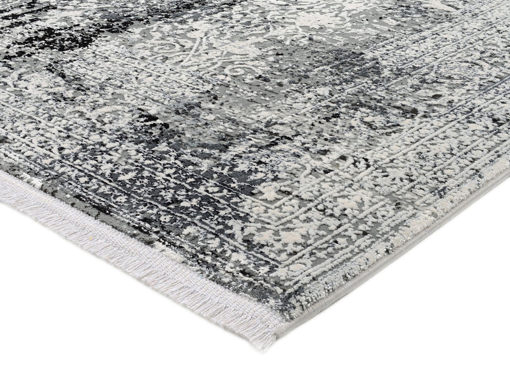 Läufer OCI DIE TEPPICHMARKE "BESTELLER CAVA", grau (dunkelgrau), B:80cm H:8mm L:300cm, Viskose, Teppiche, Läufer, Glanz Viskose, mit Fransen, Hoch Tief Struktur, Vintage, Wohnzimmer 2