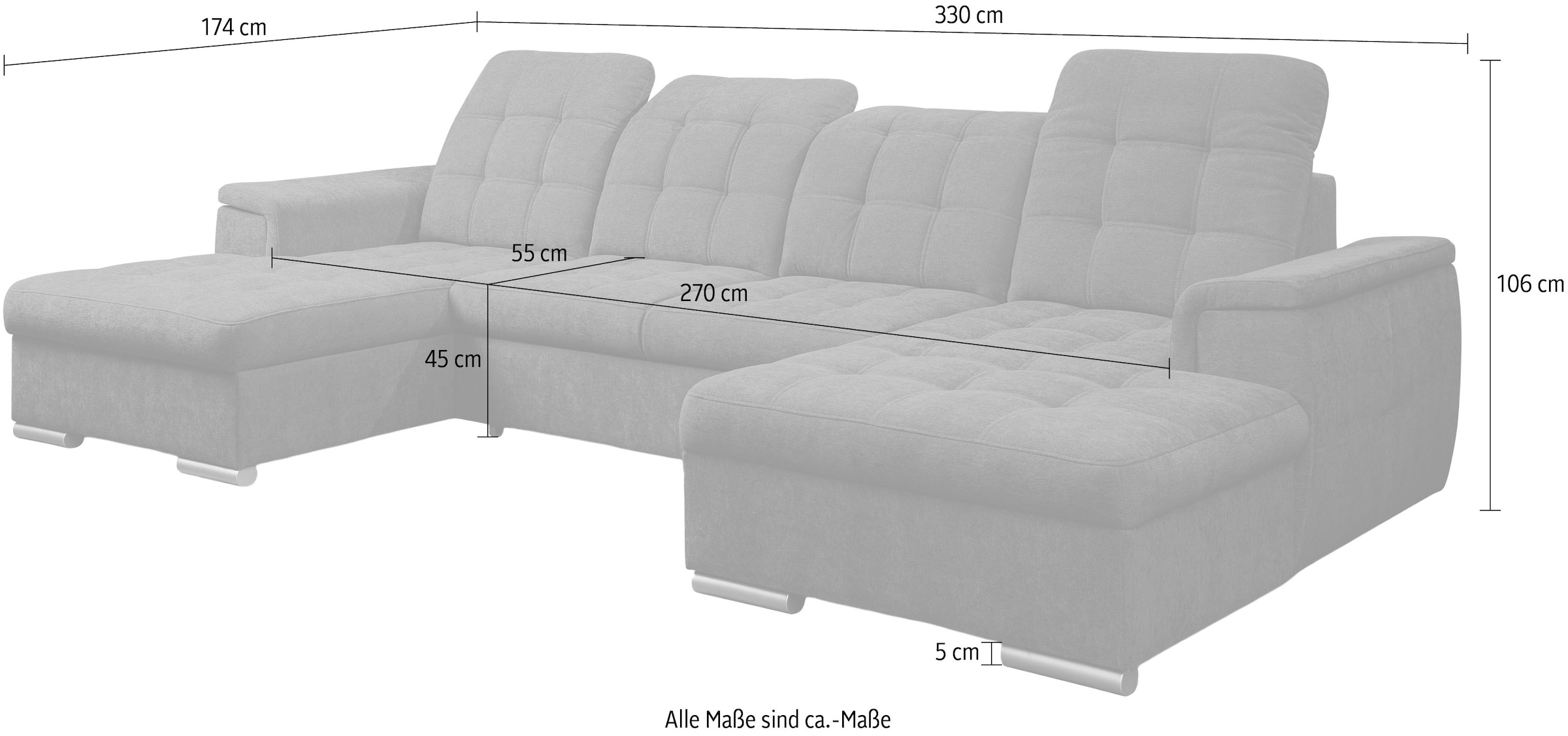 WERK2 Wohnlandschaft »Napoli zeitlos, elegant, bequem, Breite 330cm, U-Form« verstellbare Kopfteile, mit Schlaffunktion und Bettkasten
