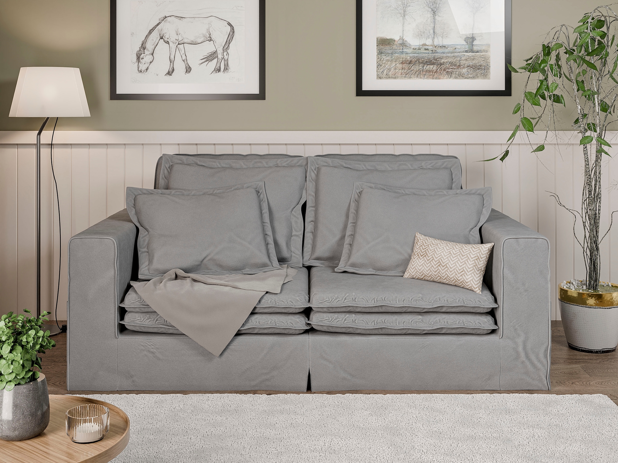 3-Sitzer HOME AFFAIRE, B:196cm H:95cm T:108cm, grau, 92% Polyester, 8% Nylon, Sofas, "ALISSAS BIS mit vielen Kissen, Biesen an den Kissen",