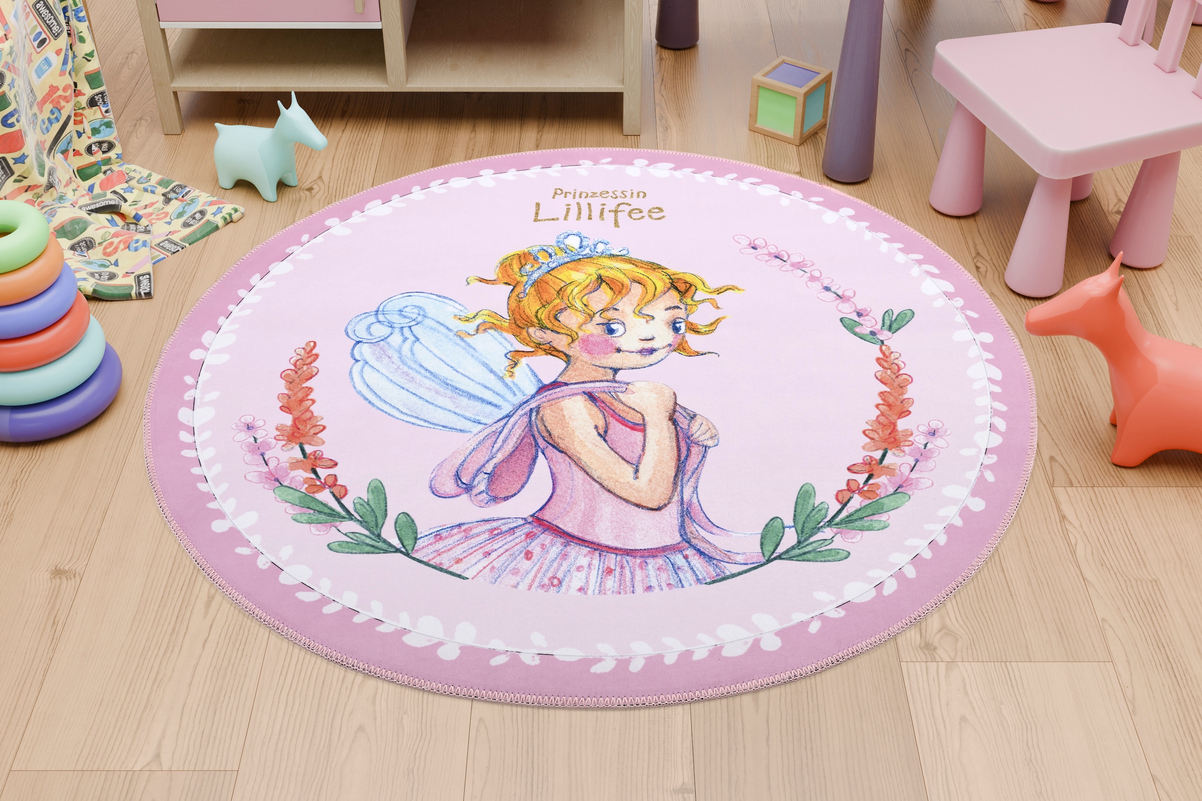 Prinzessin Lillifee Kinderteppich »Lillifee LI-133«, rund, 6 mm Höhe, bedruckt, niedliches Kindermotiv, Fee, Kinderzimmer