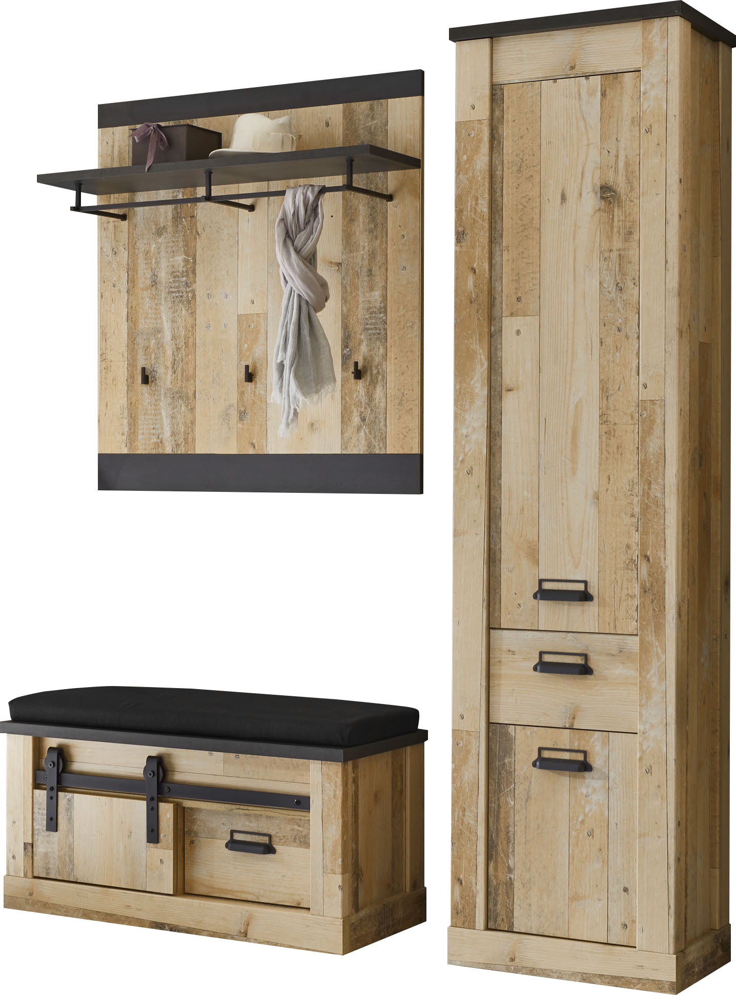Home affaire Garderoben-Set "Sherwood, Garderobe im Industrial-Style, Komplettset mit viel Stauraum" 3 Stk. tlg.