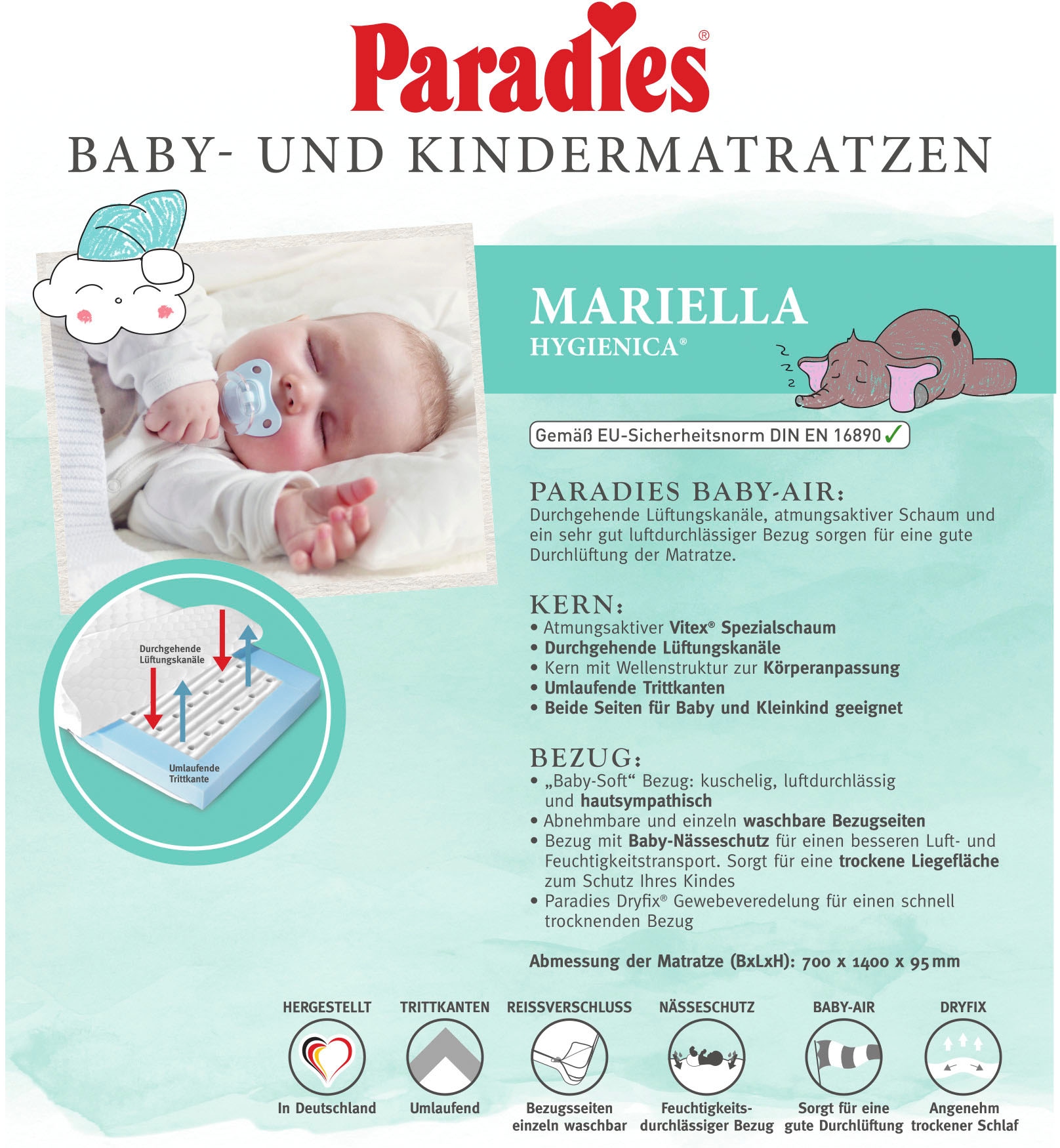 Paradies Babymatratze »Hygienica®, Matratze für Babys & Kleinkinder 70x140 cm«, 9,5 cm hoch, (1 St.), Atmungsaktiver Kern aus Vitex® Spezialschaum