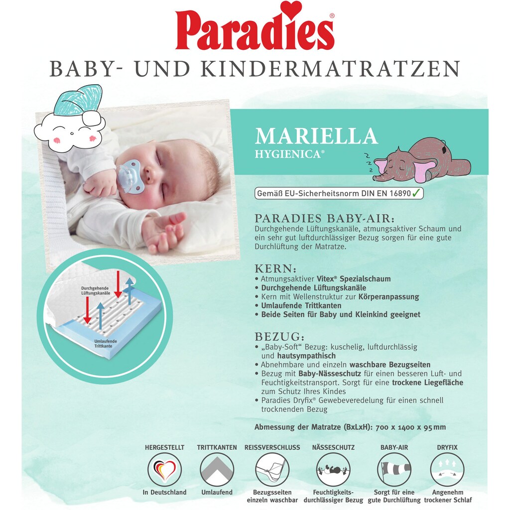 Paradies Babymatratze »Hygienica®, Matratze für Babys & Kleinkinder 70x140 cm«, 9,5 cm hoch, (1 St.), Atmungsaktiver Kern aus Vitex® Spezialschaum