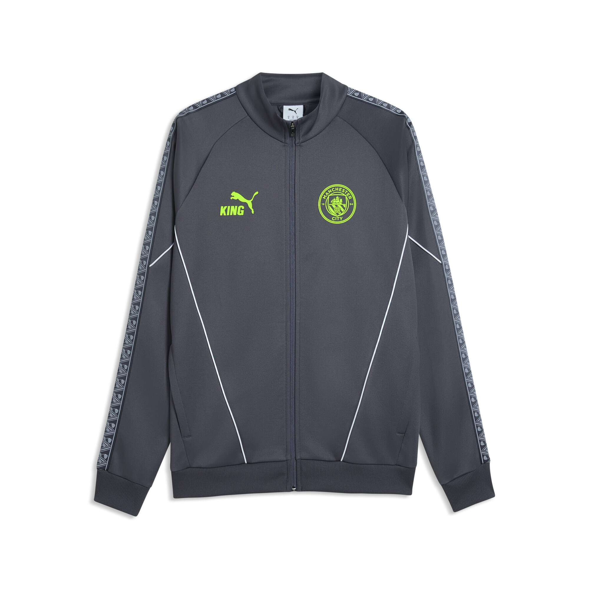 Sweatjacke PUMA "Manchester City KING Anthem Jacke Herren", Herren, Gr. L, galactic gray pro grün, Obermaterial: 63% Polyester, 37% Baumwolle; Taschenfutter: 100% Polyester; Rippe: 93% Polyester, 7% Elasthan; Besatz: 100% Polyester, Sweatjacken Sweatjacke