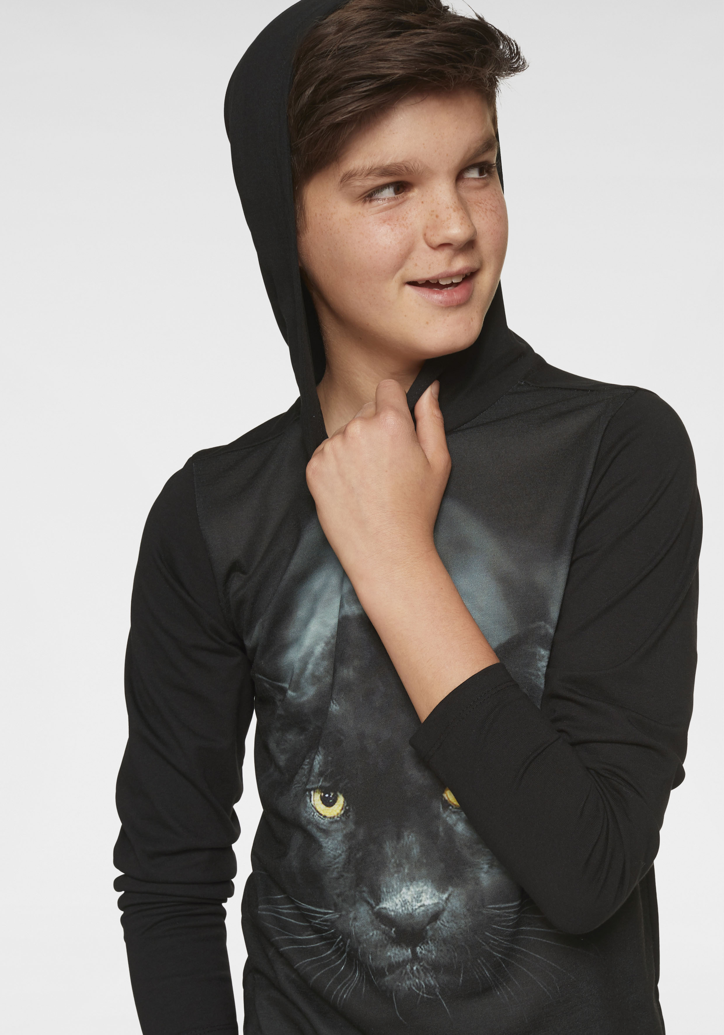 Thumbnail - KIDSWORLD Kapuzenshirt "PANTHER - Fotodruck" Langarm, Basic-Passform, mit peppigem Druck, aus Baumwolle