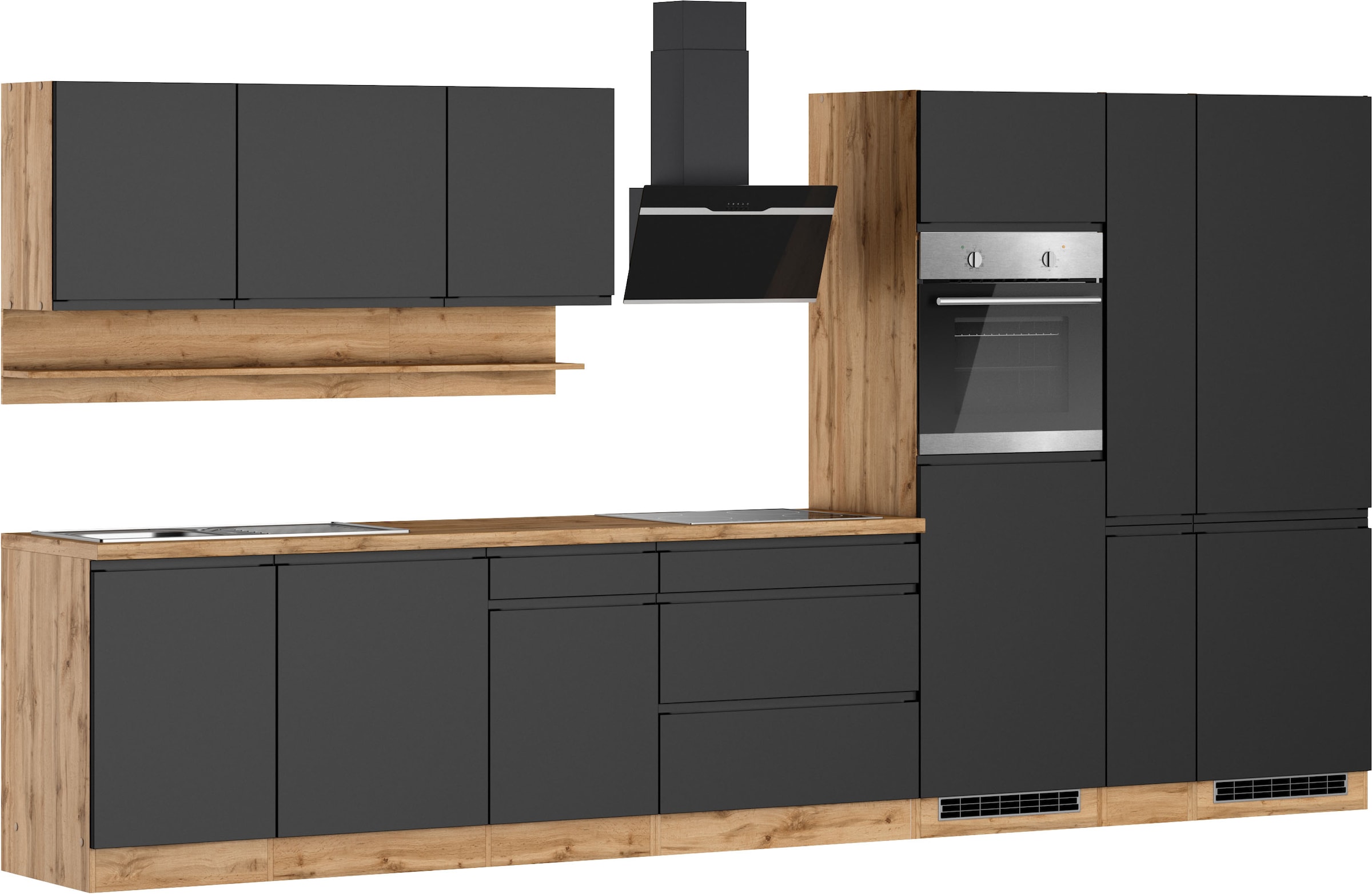 KOCHSTATION Küchenzeile »KS-Virginia,neu in verbesserter Ausführung« Arbeitsplatte 38 mm stark, Stauraum, Softclose,  Breite 390 cm, Soft-Close, mit Glaskeramik-oder Induktionskochfeld