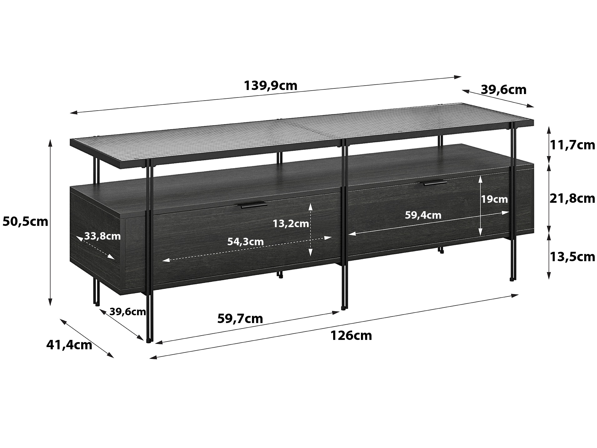 Dorel Home Lowboard »Wainwright«, mit Oberboden aus geriffeltem Glas, Breite 140 cm, Höhe 50,5 cm