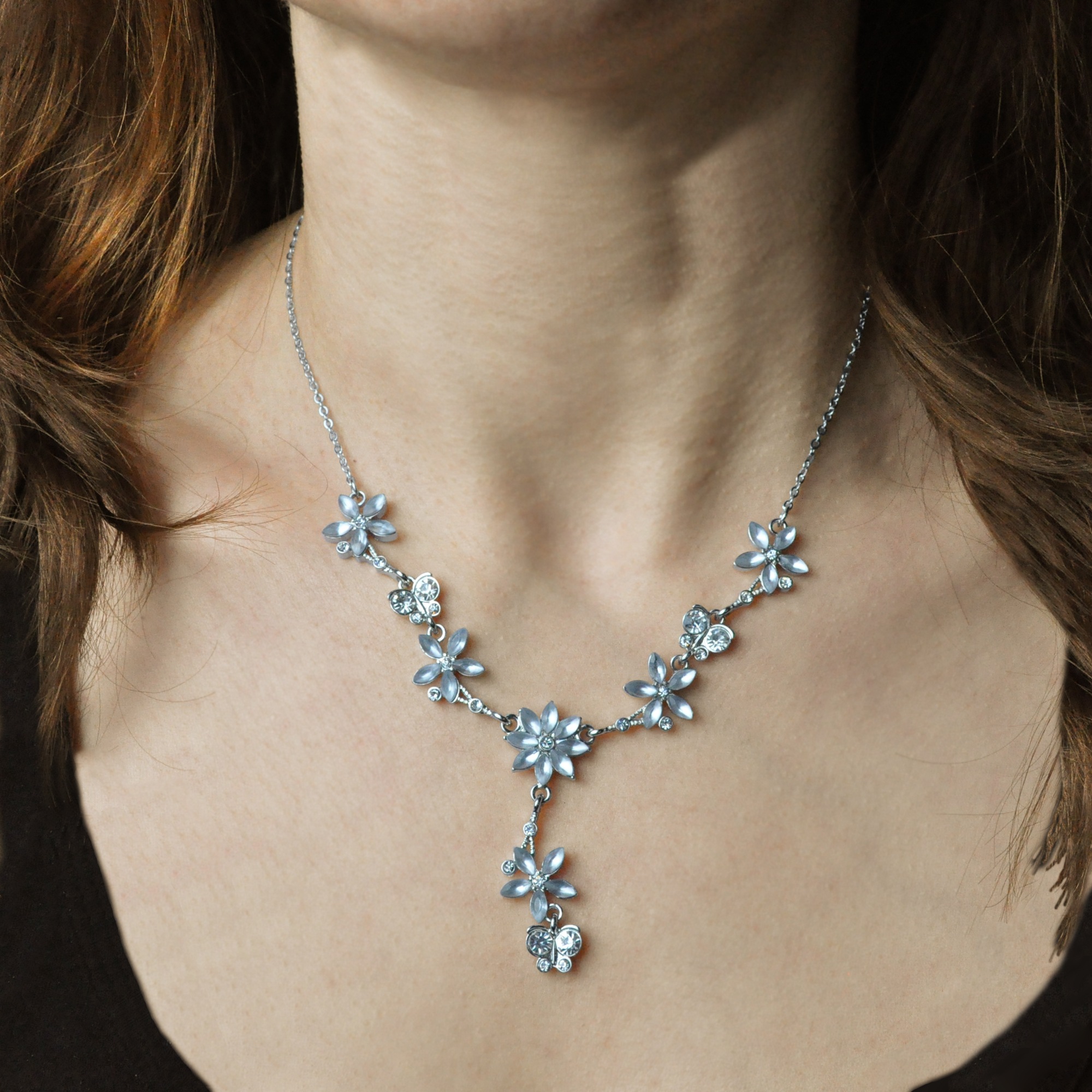 Steuer Collierkettchen »Metall Y-Collier silberf. Mit Blumen und Schmetterlingen«