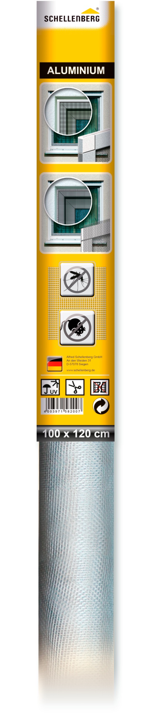 SCHELLENBERG Fliegengitter-Gewebe "aus Aluminium, Insektenschutz Rolle" Packung, 1 Stk. tlg. zum selbst zuschneiden, 100 x 120 cm und 100 x 250 cm