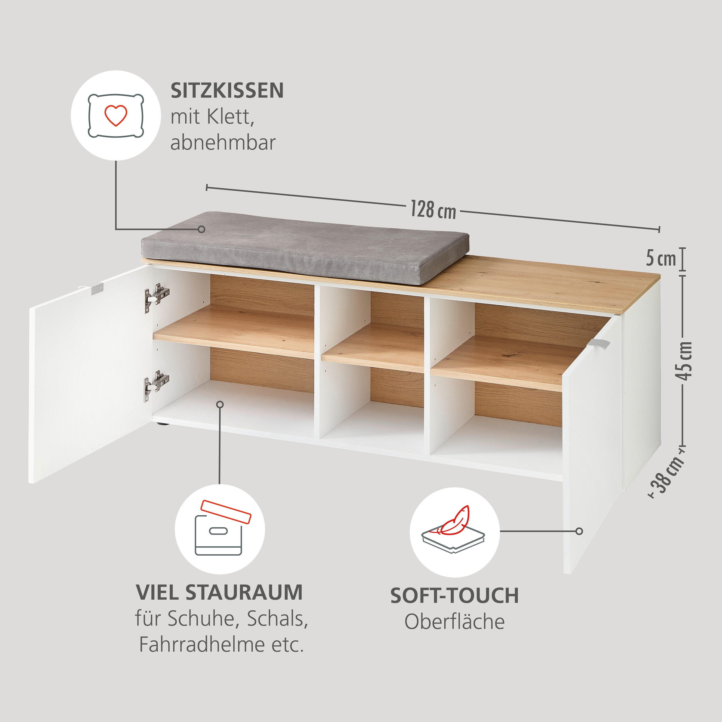 Innostyle Schuhschrank »Bari Schuhbank inkl. Sitzkissen, BxHxT 128x50x38 cm«, (1 St.), 2 türig, 6 Fächer, Softclose, ABS Kantenschutz