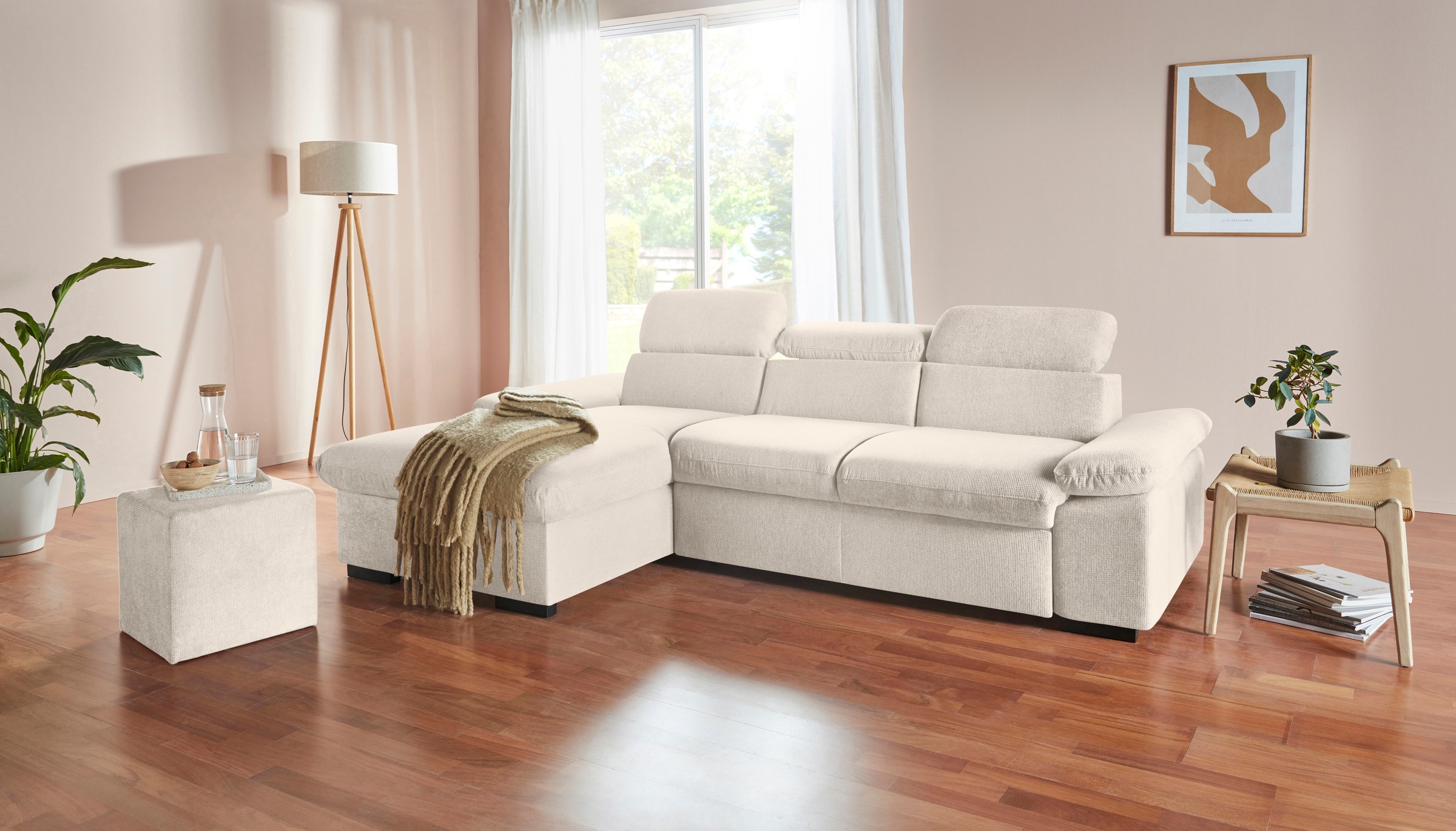 COTTA Ecksofa »Lola L-Form«, (Set, mit Hocker), mit Hocker & Kopfteilfunktion, wahlw. Bett- und Armteilfunktion