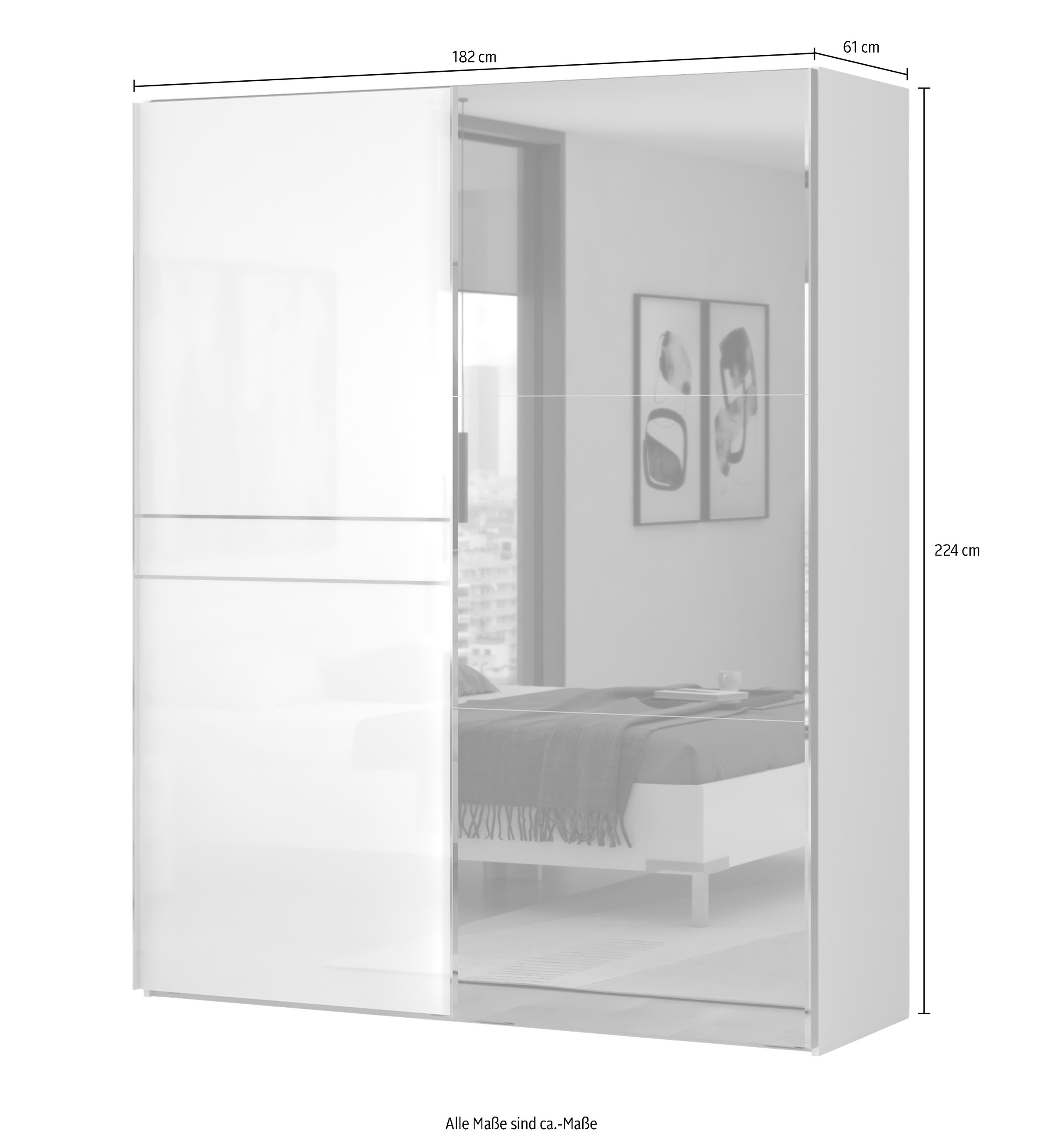 Places of Style Schwebetürenschrank »Piano, mit Einlegeböden und Kleiderstangen, Türen soft-close-Funktion«, (in 3 Breiten, 224cm hoch), mit Spiegeltür, FSC-zertifizierter Holzwerkstoff