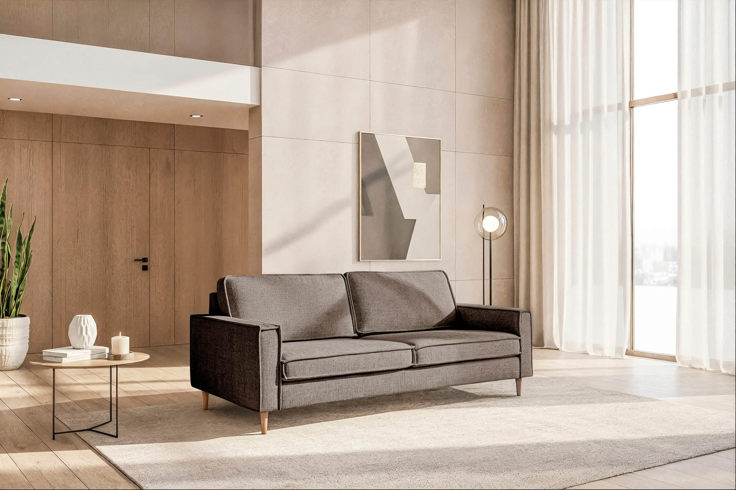 3-Sitzer HOME AFFAIRE, B:208cm H:89cm T:97cmbraun, 100% Polyester, Sofas, "Pinto Skandi, 206 cm, Chenille, Struktur", mit Keder, Massivholzfüße Eiche