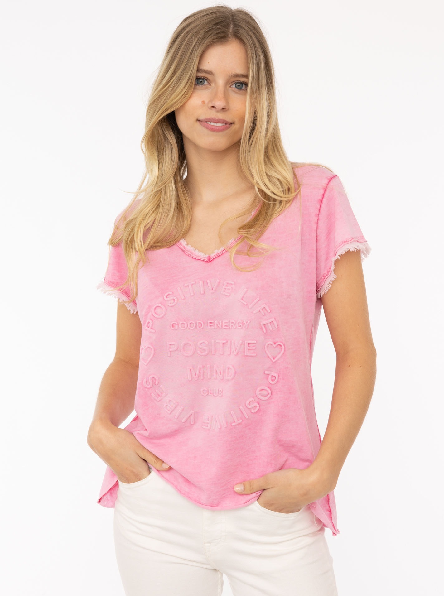 Zwillingsherz T-Shirt "Positive Mind" V-Ausschnitt, Kurzarm, Used-Look, Bau günstig online kaufen