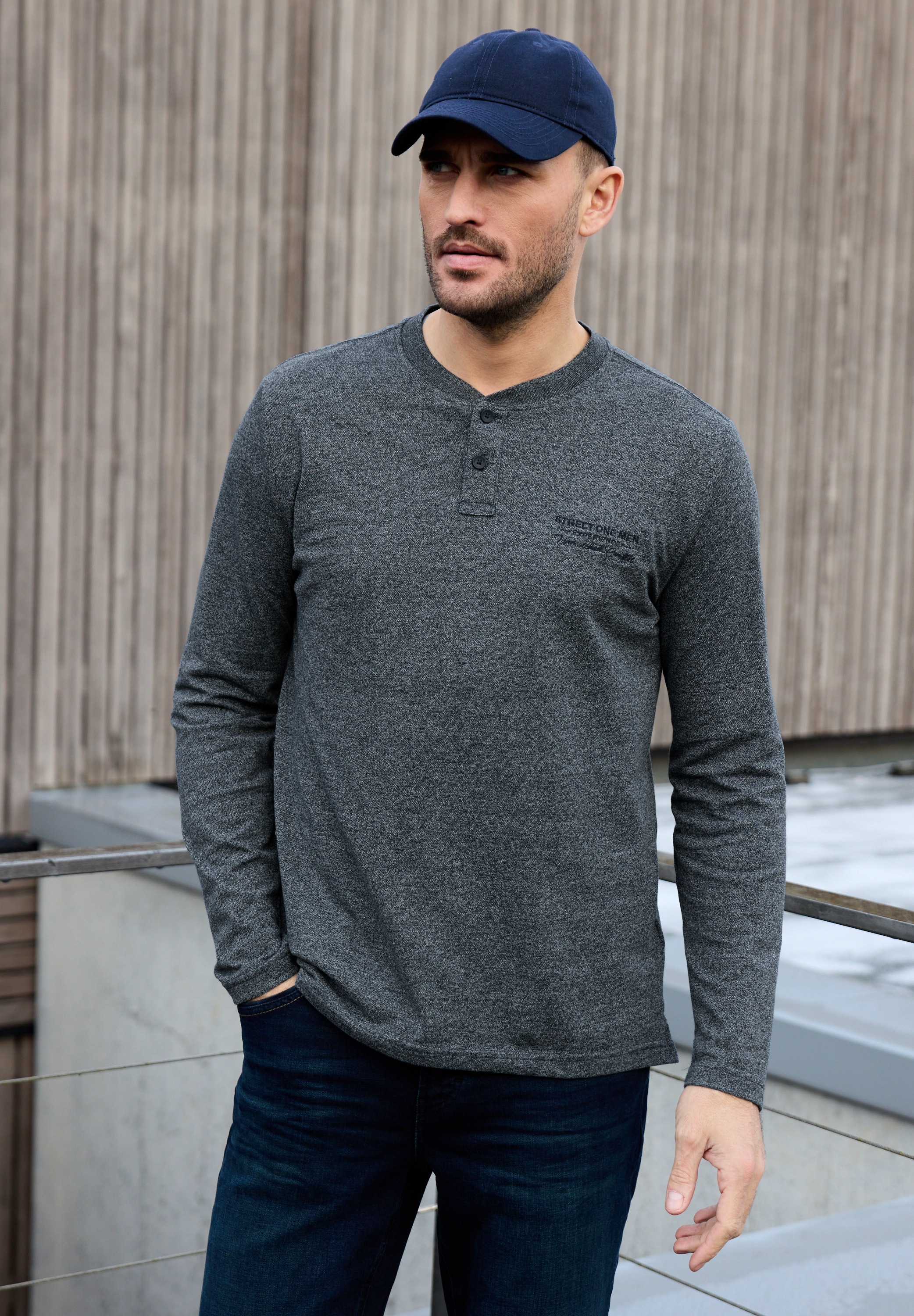 STREET ONE MEN Langarmshirt im Melange Look