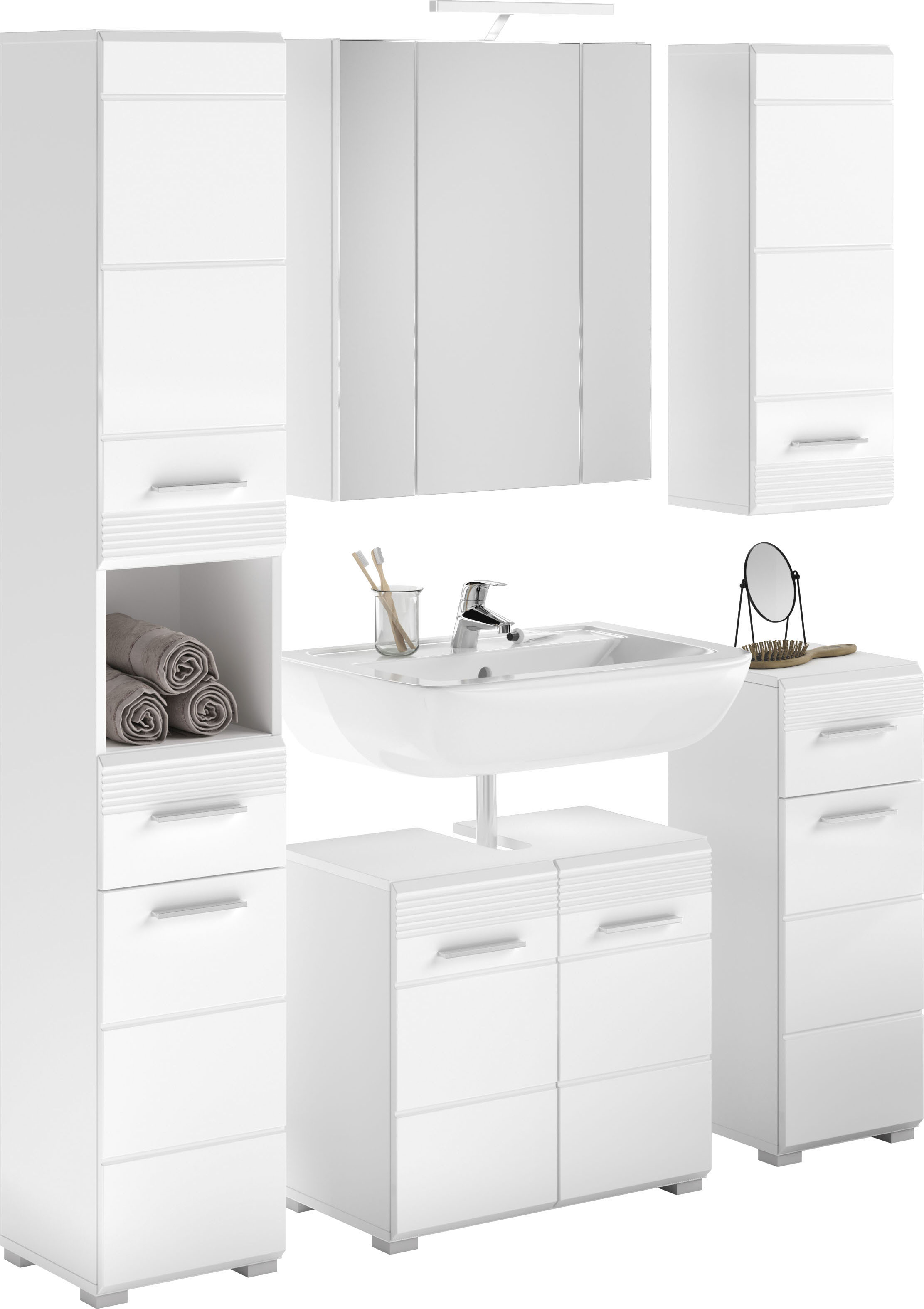 Thumbnail - INOSIGN Badmöbel-Set "Malmö, 5 teilig, inklusive LED Beleuchtung, bestehend aus:" Set, 5 Stk. tlg. Hochschrank, WBU, Spi...