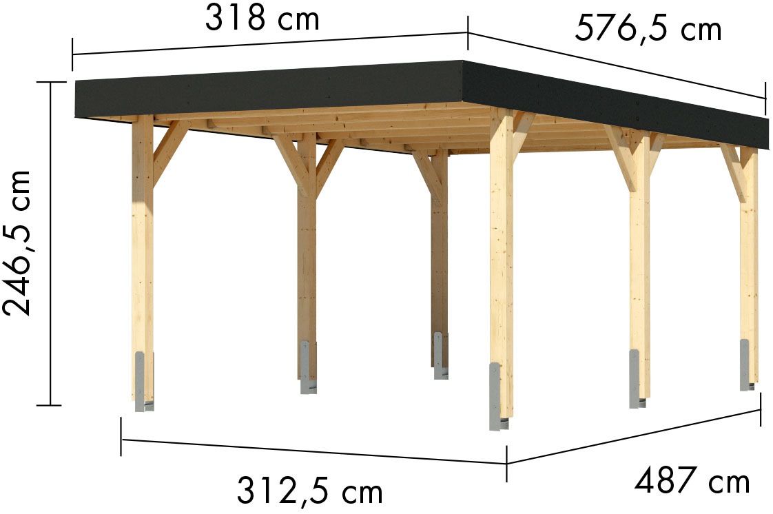 Karibu Einzelcarport, Leimholz, 288 cm, naturbelassen, aus kesseldruckimprägniertem Massivholz