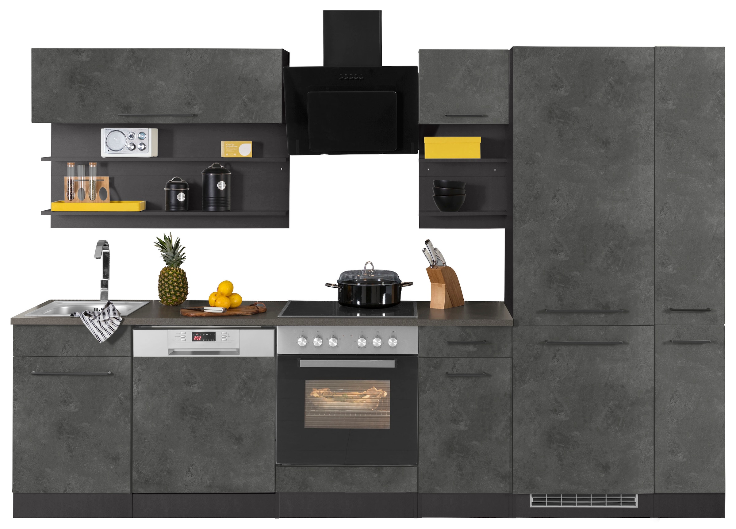 KOCHSTATION "KS-Tulsa" mit E-Geräten, Breite 300 cm, schwarze Metallgriffe, MDF Fronten