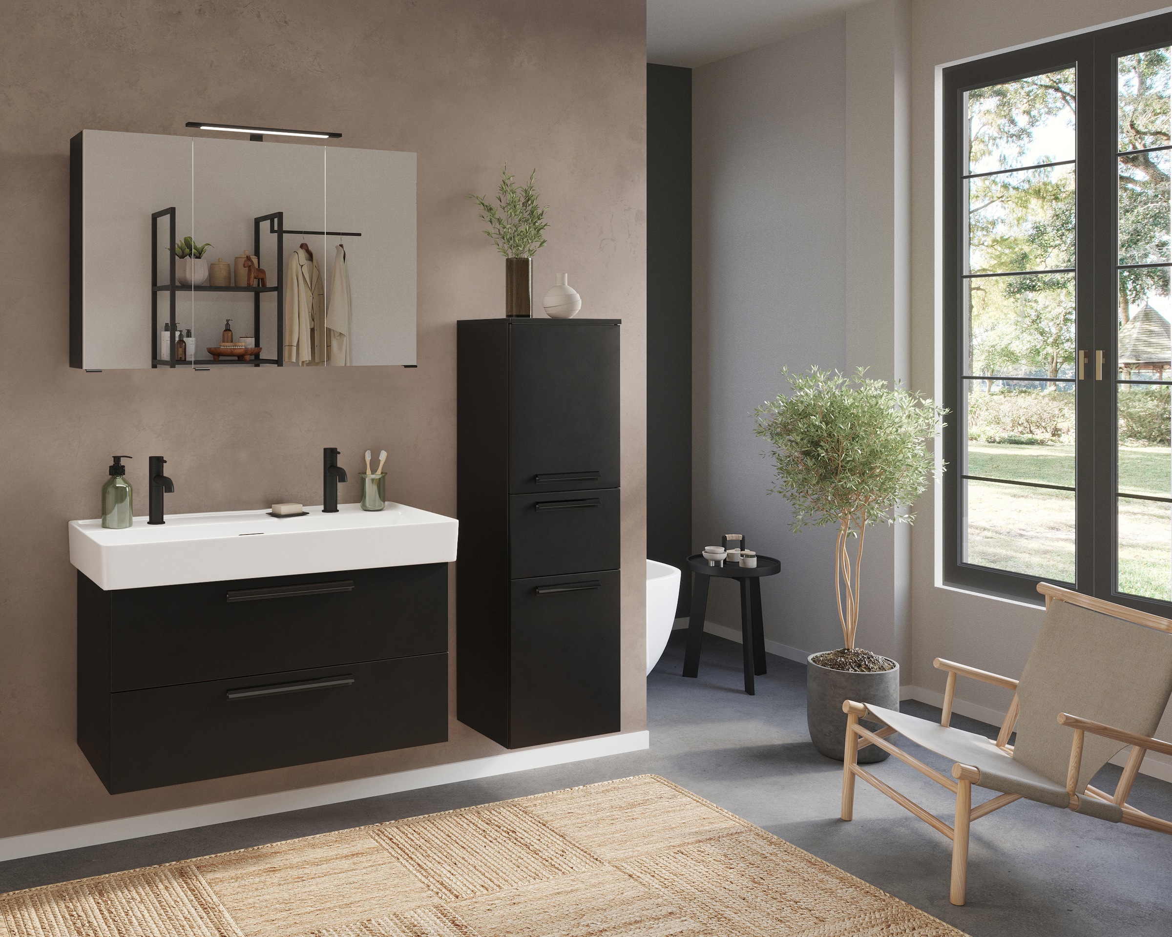 welltime Badmöbel-Set »SALVADA, 3tlg-Set, gedämpfte Scharniere, Softclose, Keramikbecken« Maße (B/T/H): 140/47,5/200 cm, 