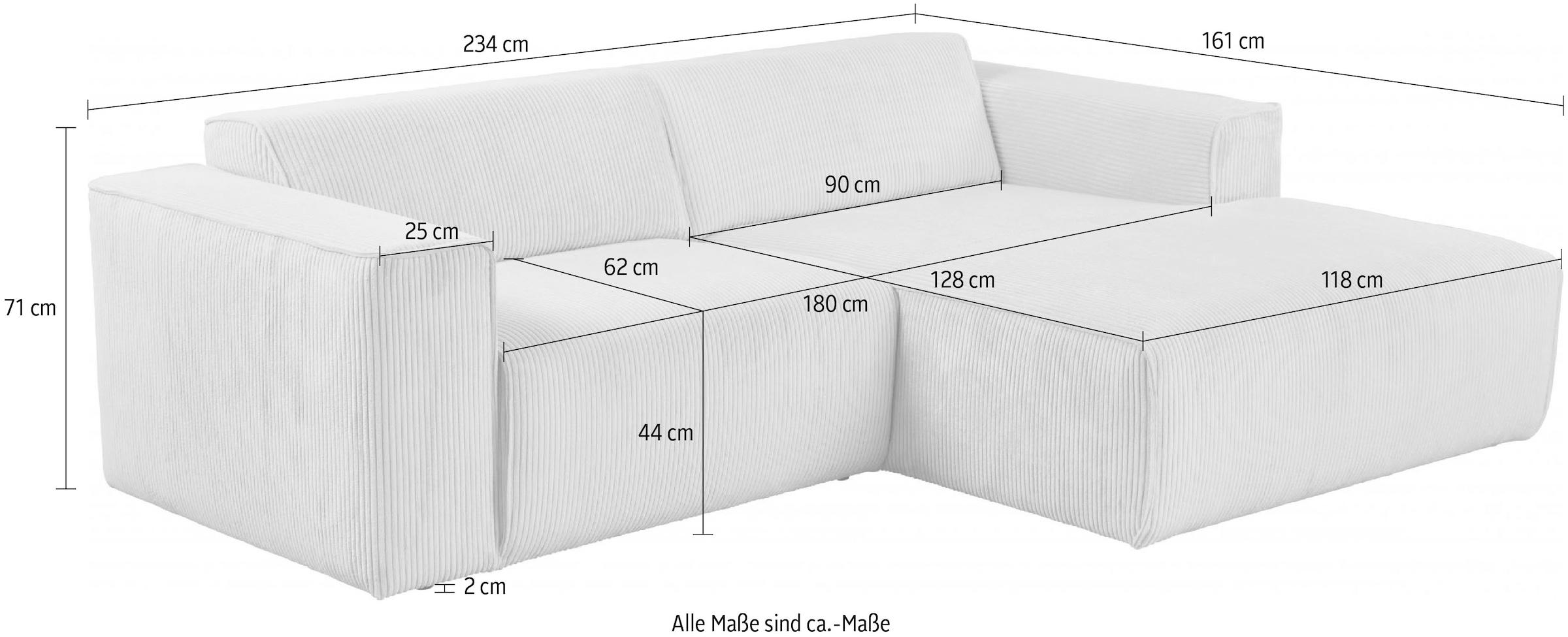andas Ecksofa »Noord«, mit Kedernaht, Breite 234 cm, Cord, Struktur, Webstoff