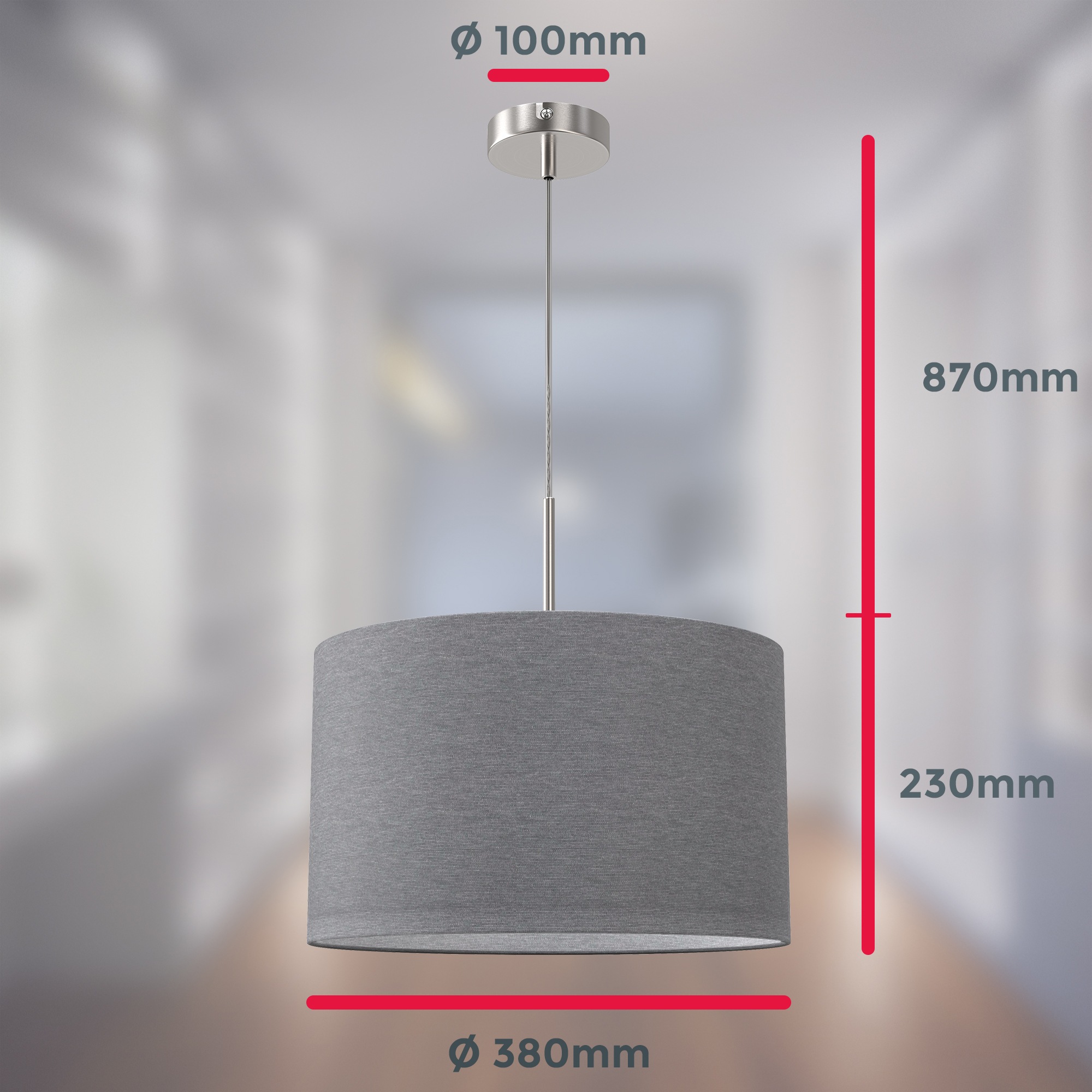 B.K.Licht LED Pendelleuchte, 1 flammig, Leuchtmittel E27 | ohne Leuchtmittel, Hängelampe, Textil Lampenschirm, Deckenlampe, Wohnzimmer, E27, grau