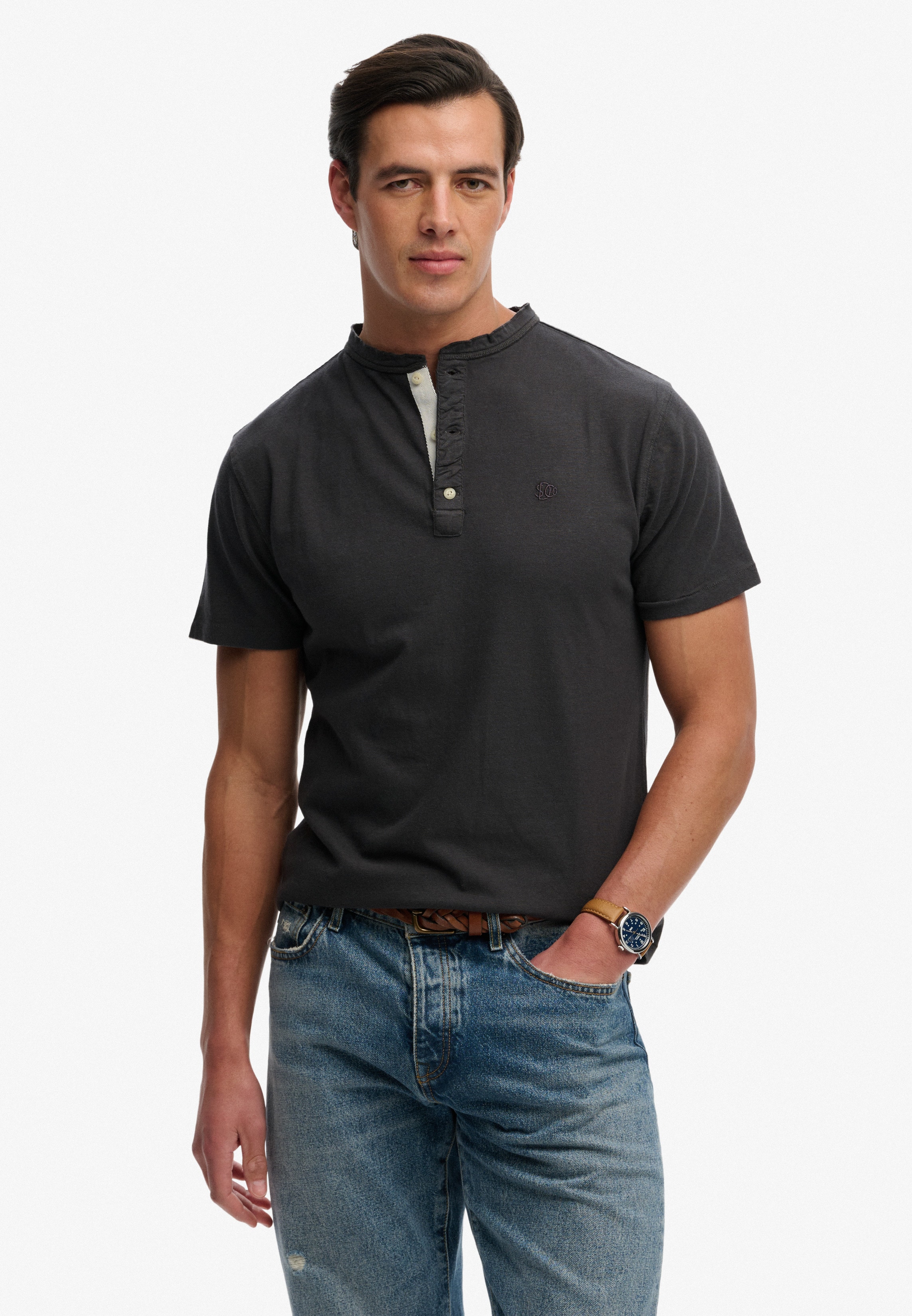 Superdry T-Shirt "CLASSIC COTTON LIN SS GRANDAD" mit Markenlabel, aus Baumwolle und Leinen, in Single Jersey, Kurzarm