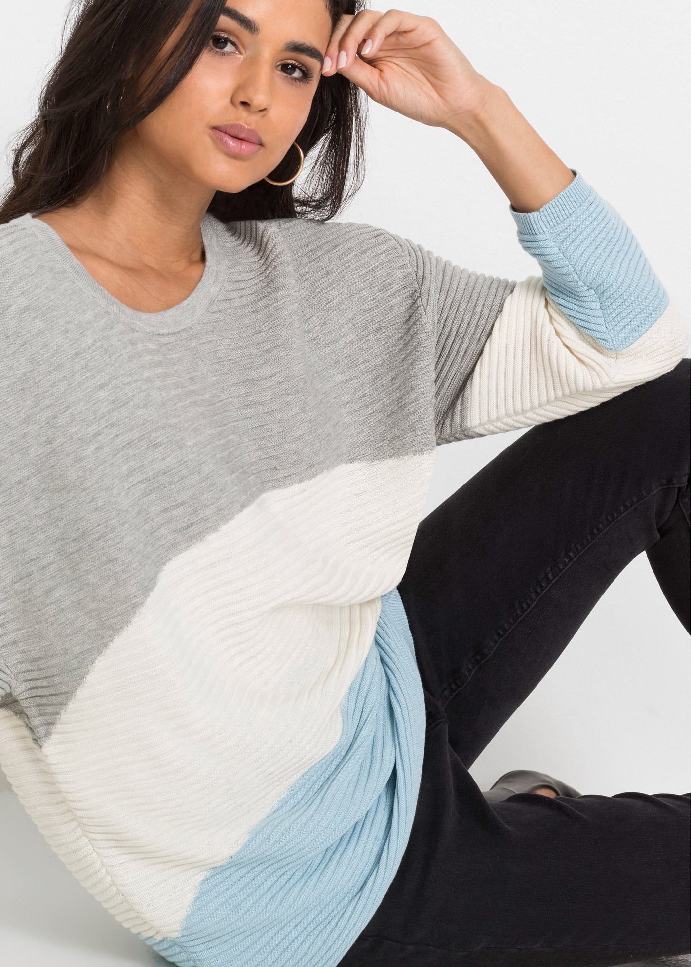 bonprix Longpullover Oversize, Colorblocking, lange Form, Rundhalsauschnitt