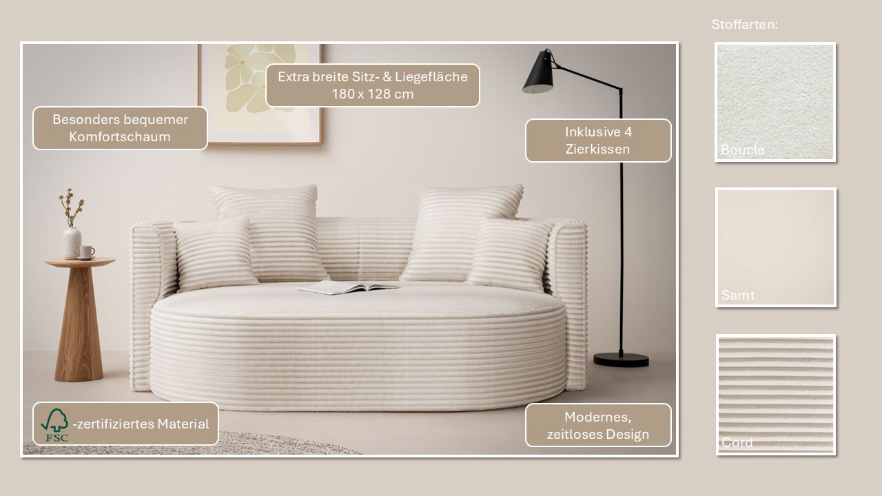 LeGer Home by Lena Gercke 2,5-Sitzer »ISALIE, rundes Loungesofa, mit Kissen, perfekt gepolstert«, moderne Stoffe, mit 4 Zierkissen, extra große Sitzfläche