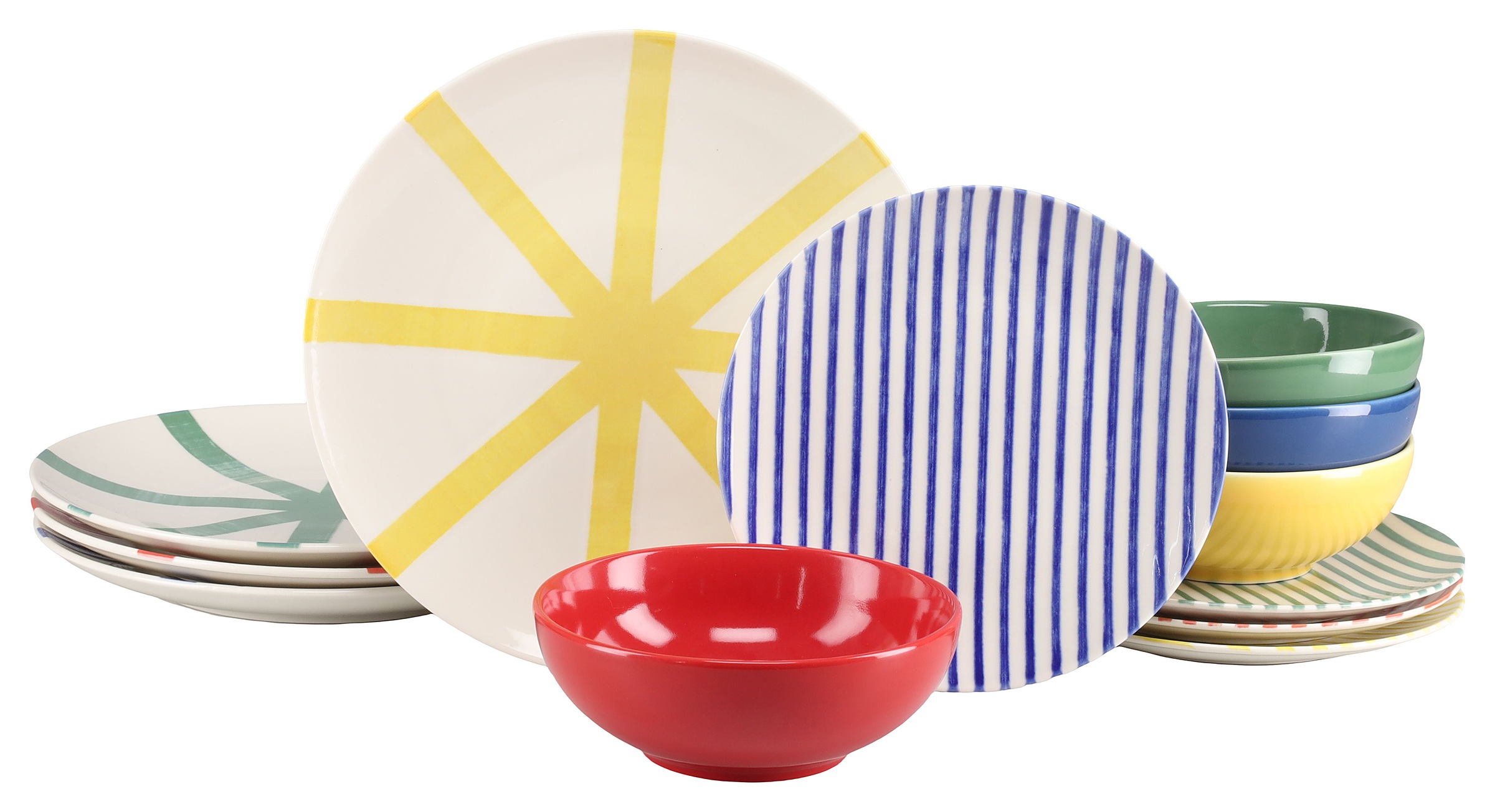 CreaTable Teller-Set »Mio Viva Bunt, Tellerset 12-tlg.« Handgemalte Optik, keramische Motive kombiniert mit Farbglasuren
