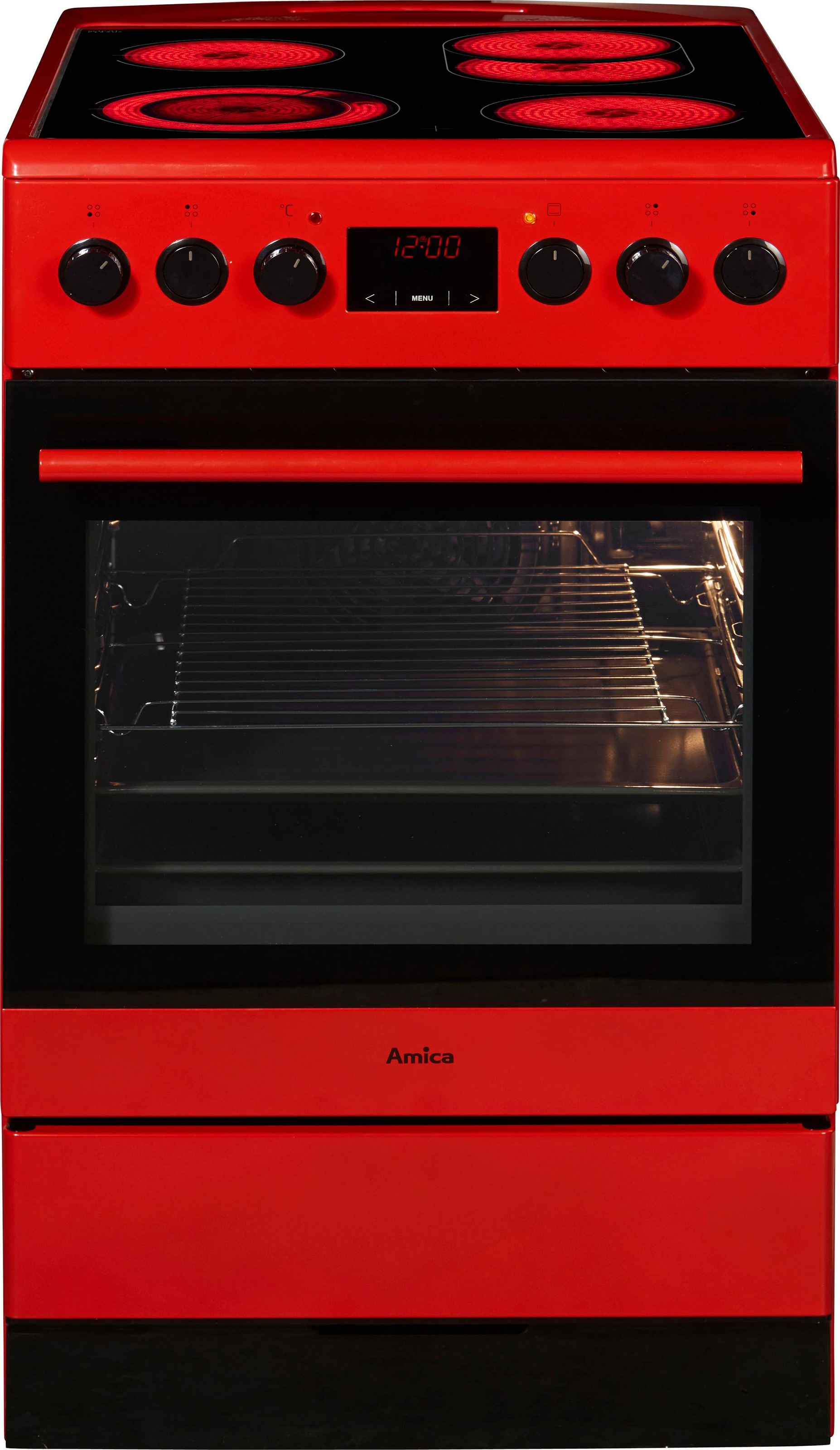 AMICA Elektro-Standherd "SHC 11504 R", rot, Herdsets, Ofen mit 11 Programmen und zweistufig ausziehbaren Backblechschienen.