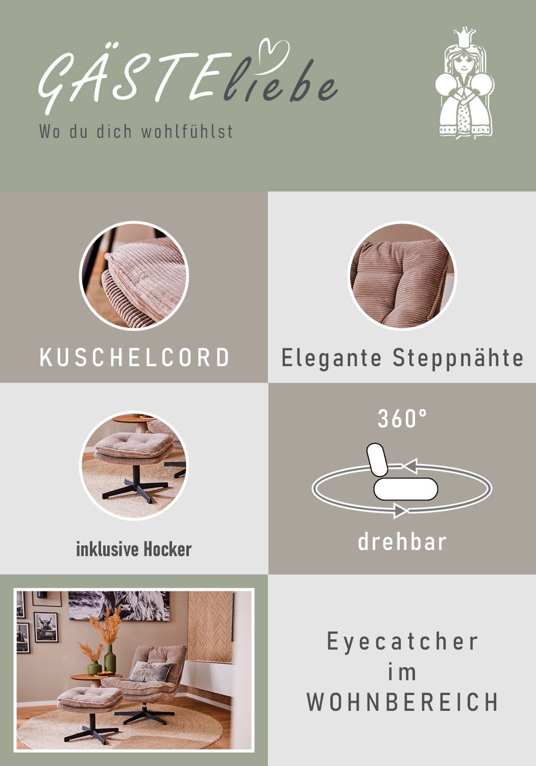 Jockenhöfer Gruppe Relaxsessel »Kasper, B: 76 cm, Sitzhöhe: 47 cm« Set: mit Hocker, 360° Drehfunktion, Cord