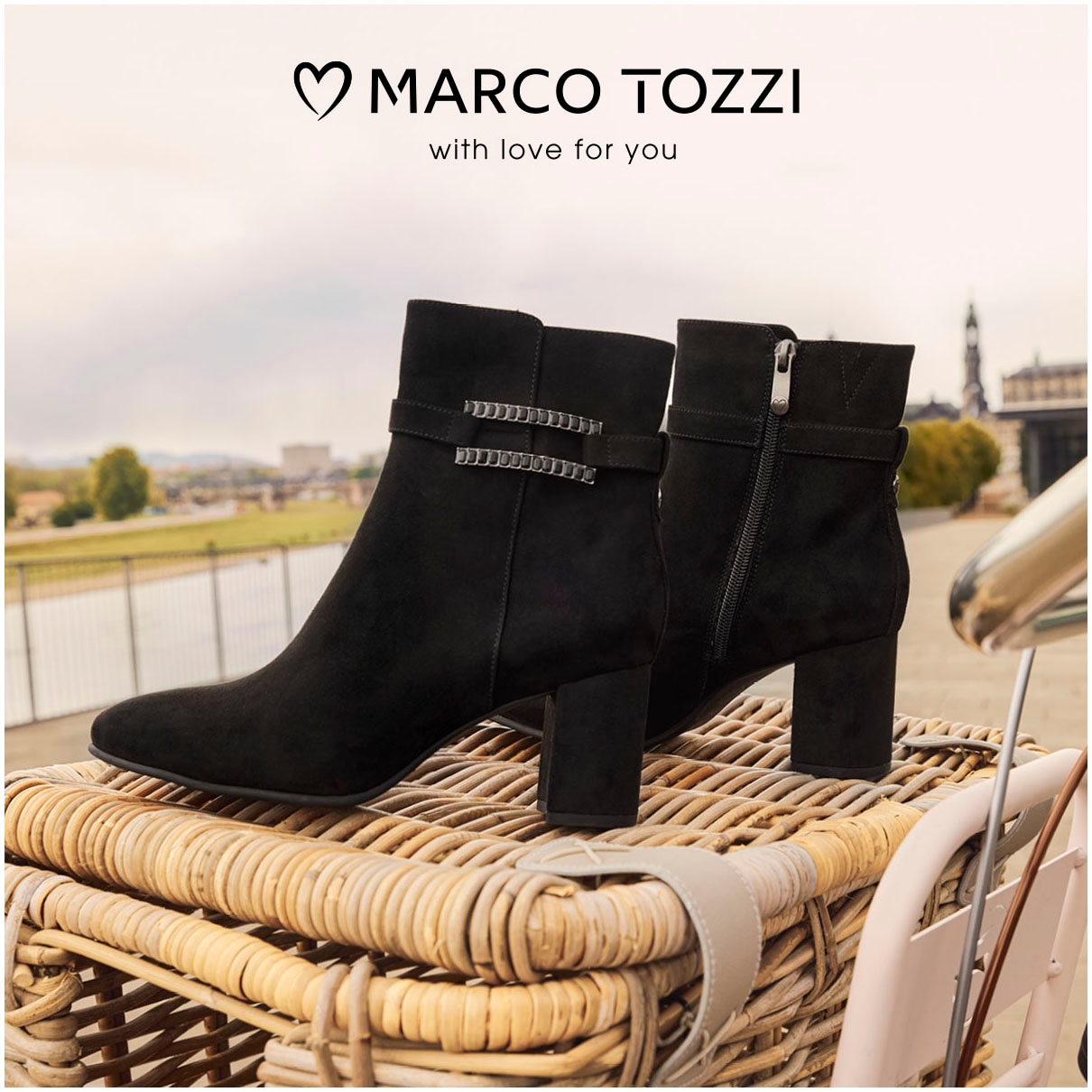 MARCO TOZZI Stiefelette, Blockabsatz, Ankleboots mit modischem Zierriegel und Schmucksteine