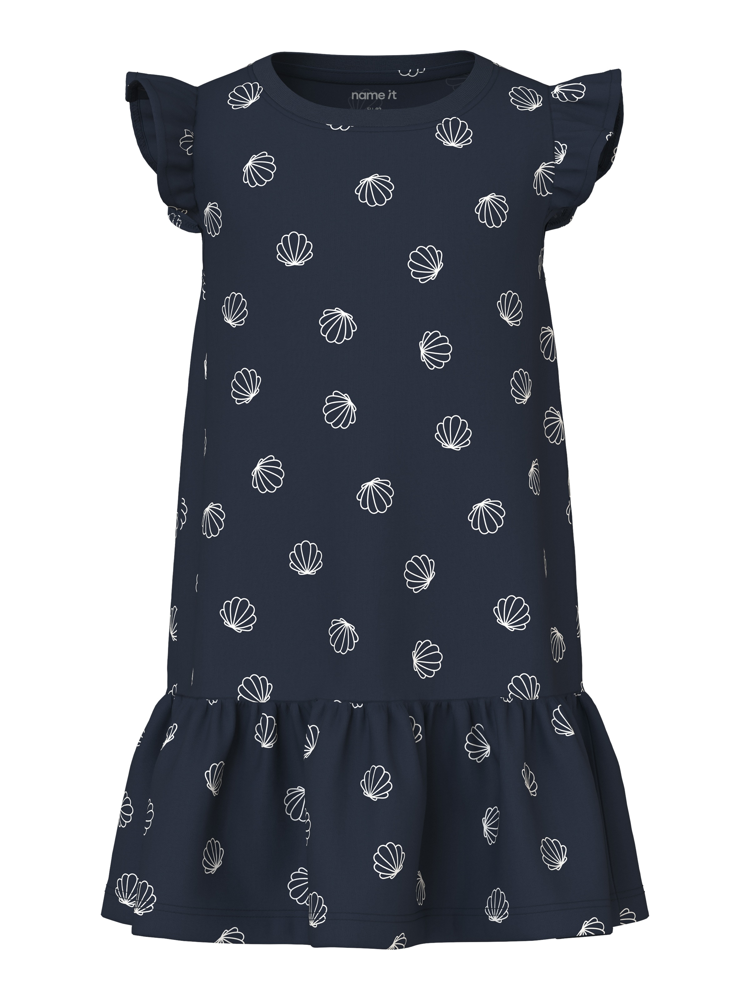 NAME IT Mädchen Minikleid "NMFVIDA CAPSL DRESS"navy blazer aop:sea shells weiß, Gr. 92, Kleider, mit Volants und im sommerlichen Alloverdruck