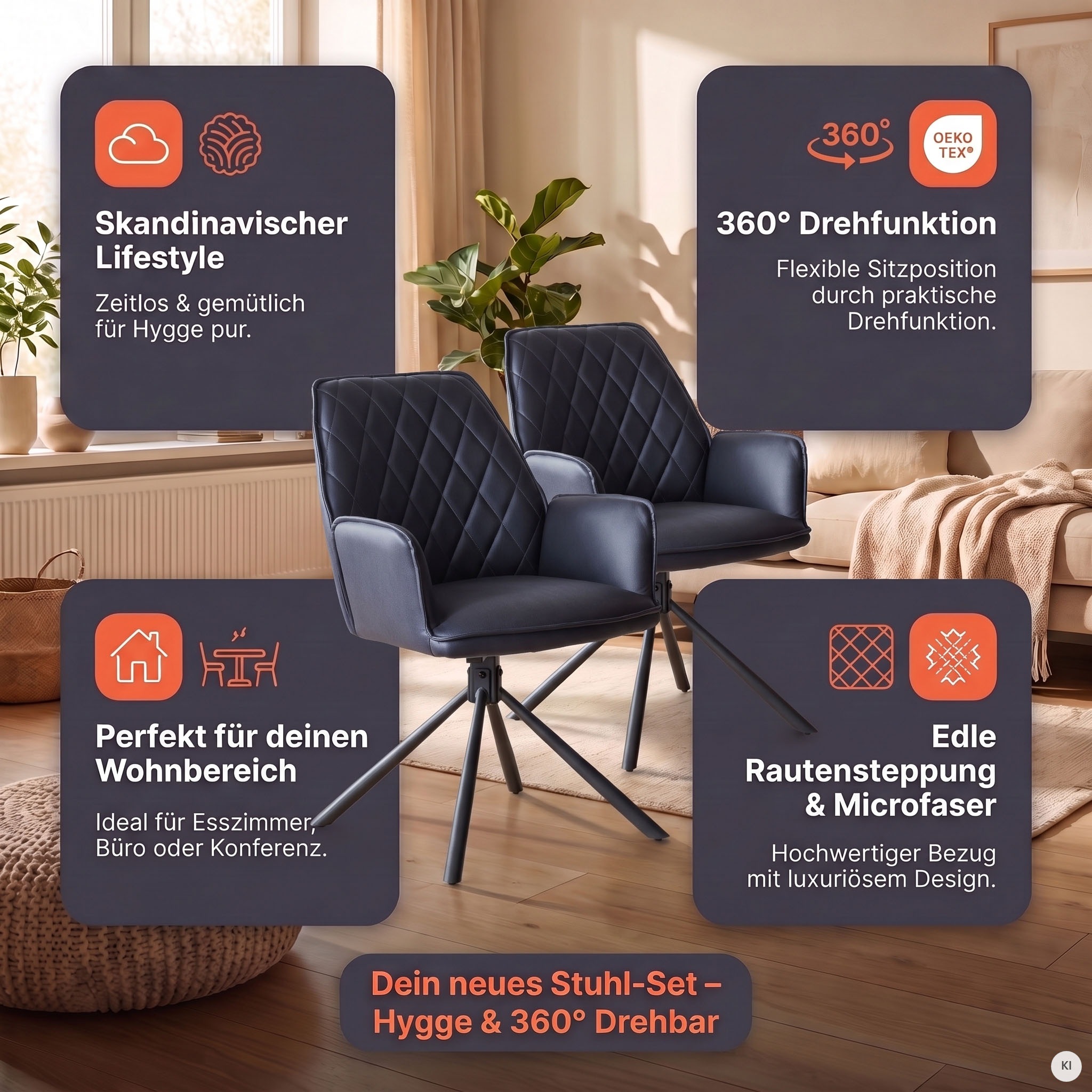 SalesFever Esszimmerstuhl »Vancouver Armlehnstuhl fürs Esszimmer« (Set) 2 Stk.Esszimmersessel, Rückenlehne mit Rautensteppung, 360° Drehfunktion