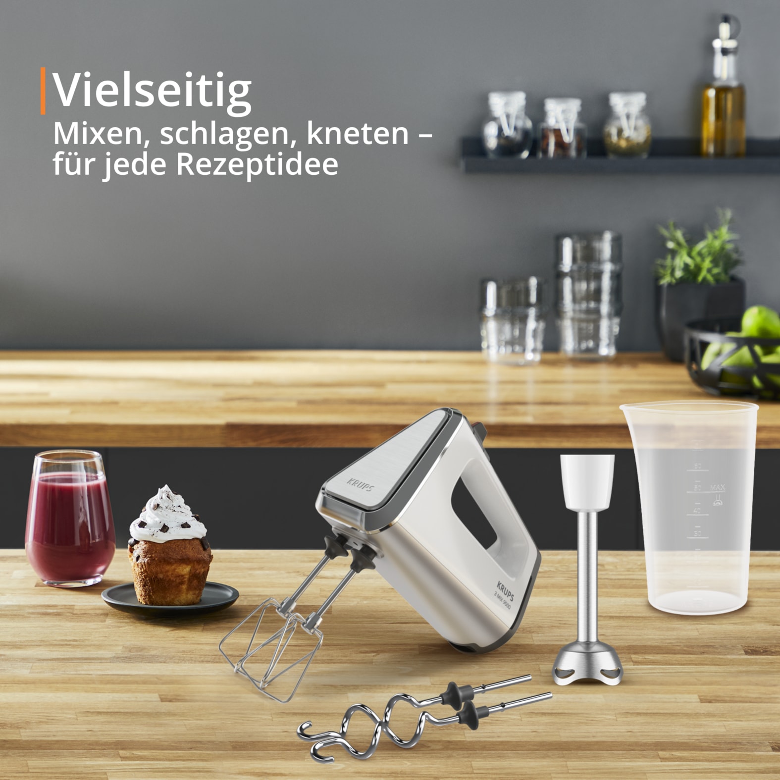 Krups Handmixer »3, Mix 9000« 750 W inkl. Schneebesen, Knethaken, Pürierstab-Aufsatz, Messbecher, GN9121