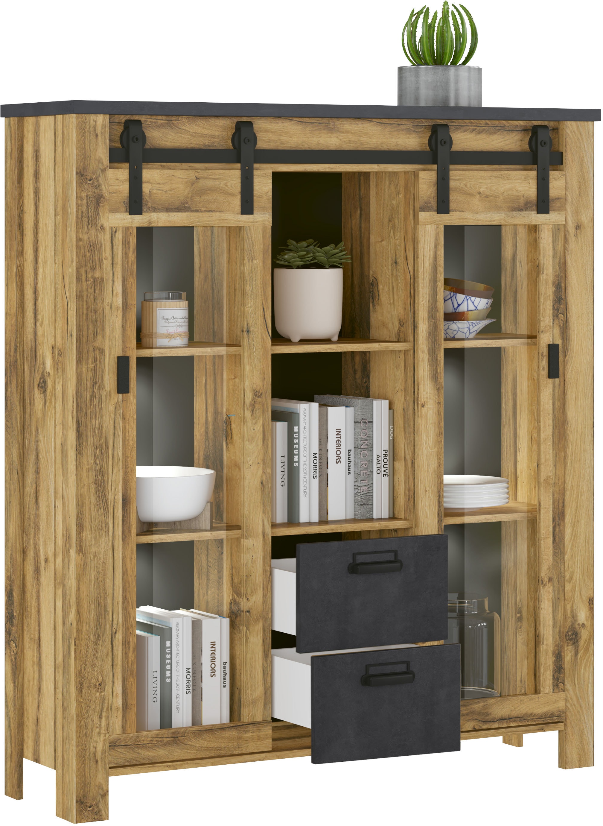 Home affaire Highboard »York, moderner Hochschrank, Vitrine in Hunton Oak, Industrialdesign«, mit Scheunentorbeschlägen & Apothekergriffen aus Metall, 150 cm hoch