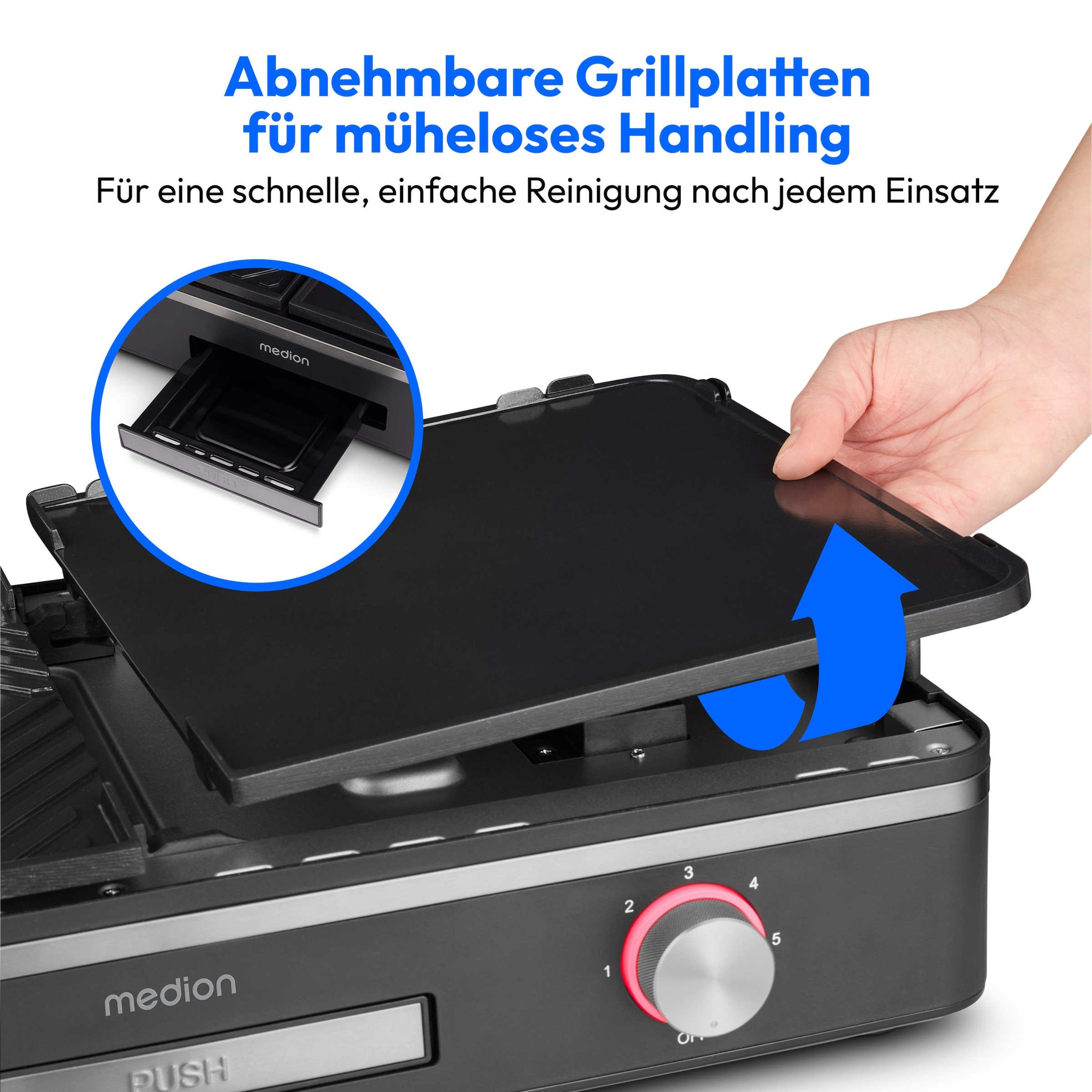 Medion® Tischgrill »MD12027, mit Dual-Zonen-System, 2,400 Watt, 2 abnehmbare Platten«, 2400 W, bis max. 240 °C, PFAS Frei, LED-Statusanzeige, IPX4-Schutz