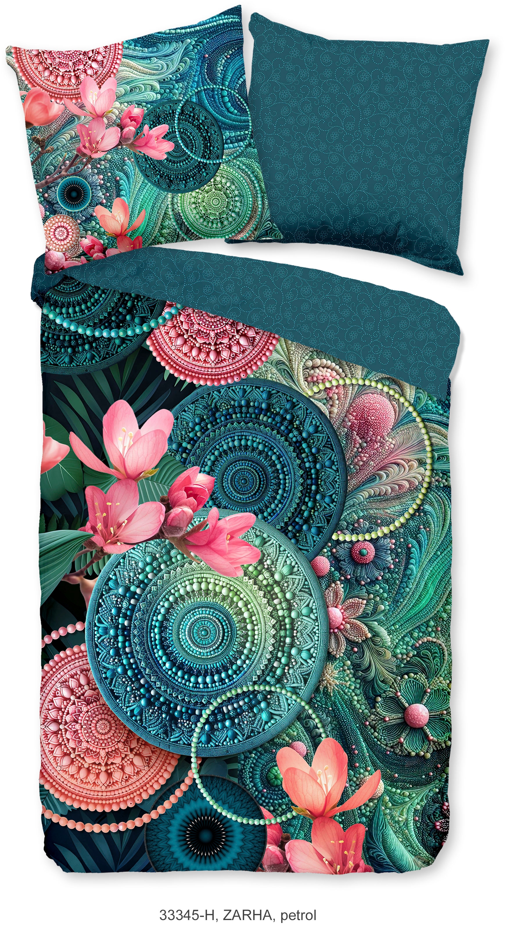 hip Wendebettwäsche »Zahra« 2 Stk. tlg. Satin, Reißverschluss, Wendeoptik, Mandala, Blume, Petrol