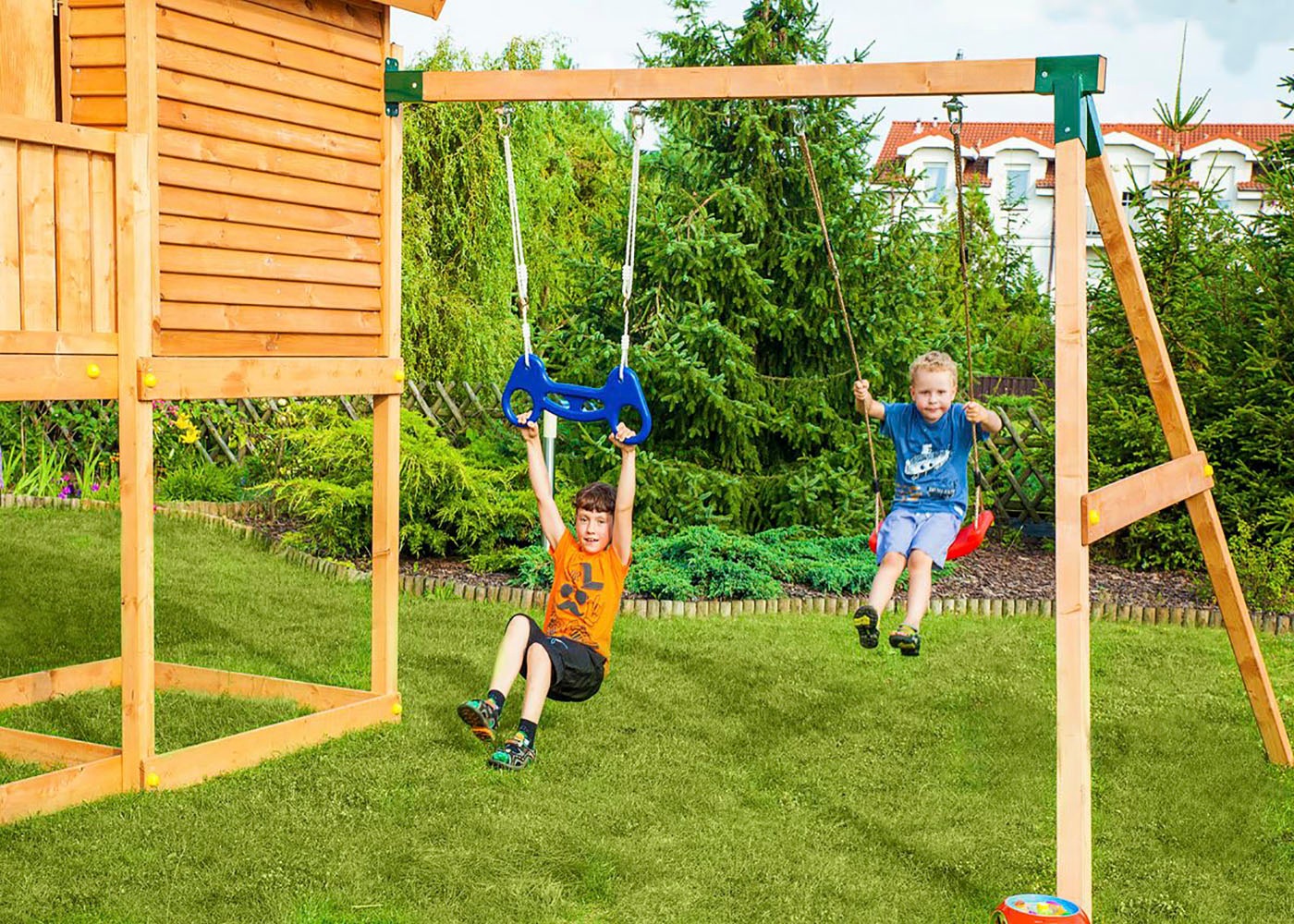 Spielturm FUNGOO "FORTRESS Move+", braun (gelb), Spieltürme, KinderB:460cm H:305cm T:465cm, Holz, Metall, Polyethylen, mit Schaukel & Rutsche, Kletterwand, B:460cm H:305cm T:465cm 2