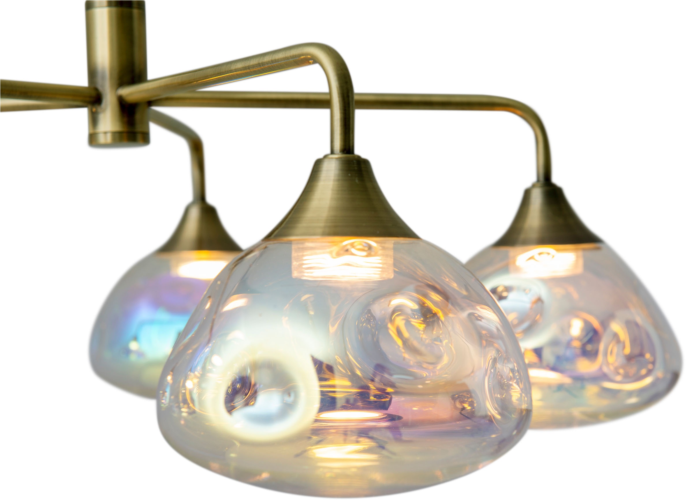 näve LED Pendelleuchte »Varna«, 5 flammig, Leuchtmittel LED-Modul | LED wechselbar, 5 flg., irisierende Gläser, Gestell messingfarben, warmweißes Licht