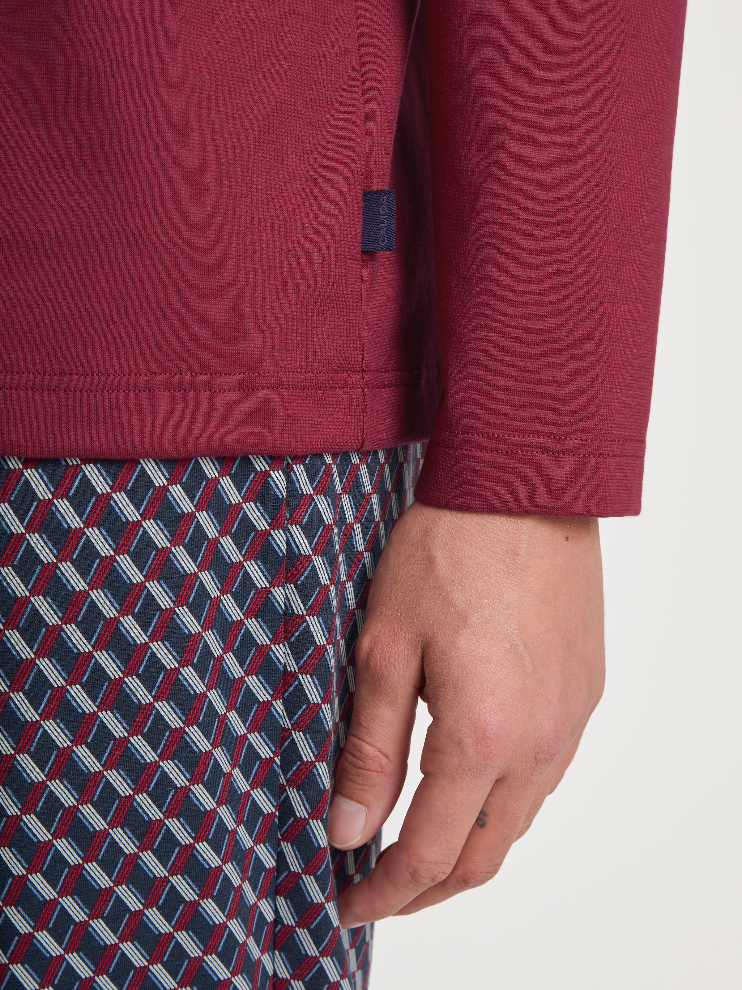 Pyjama CALIDA "Relax Imprint", Herren, Gr. XXL (58/60), rot (mars rot), Obermaterial: 100% Baumwolle, gemustert, unifarben, bequem lang, Rundhals, Homewear-Sets Pyjama, mit aufgesetzter Brusttasche 9