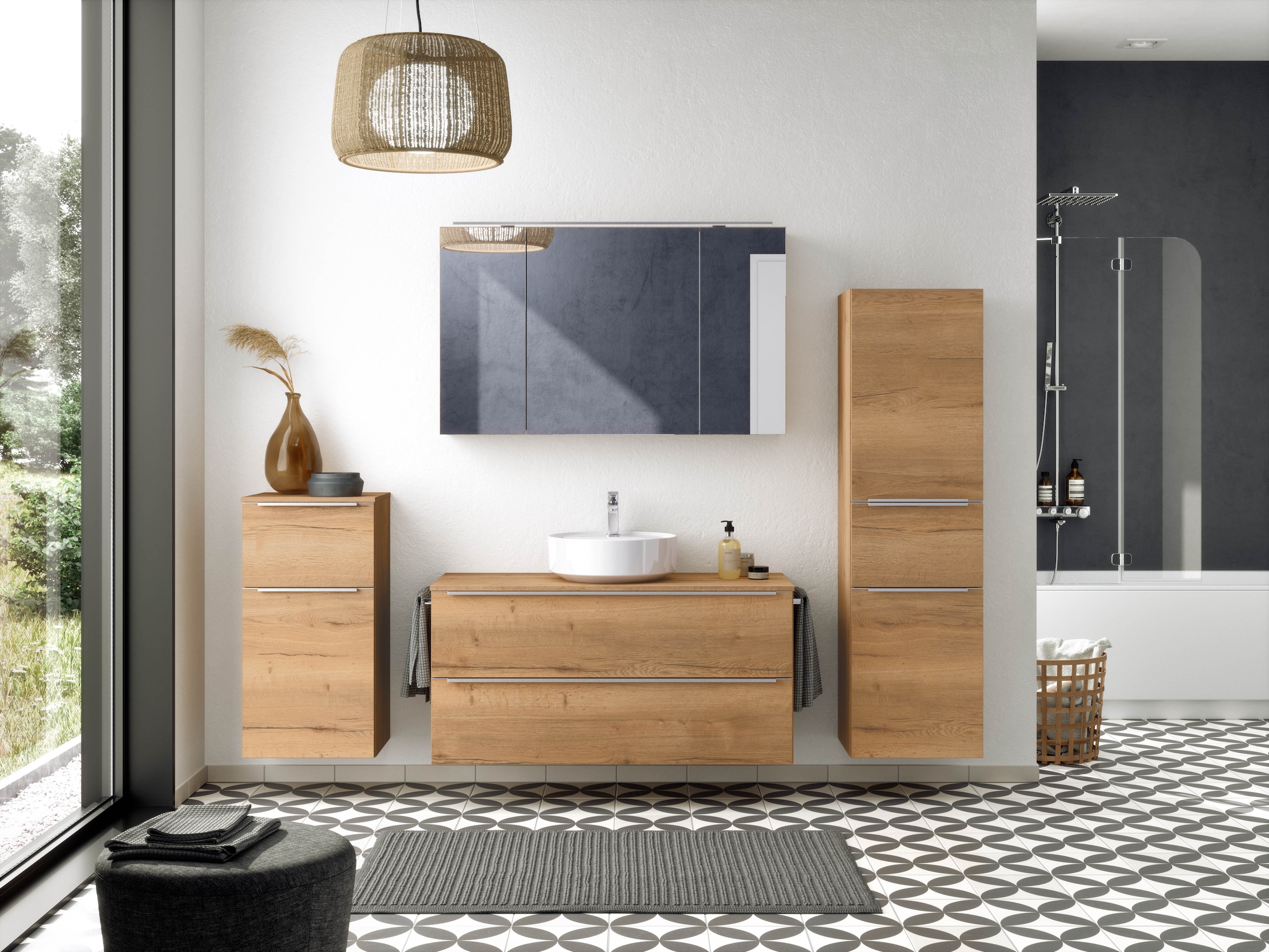 nobilia® Badmöbel-Set »Alvene«, (4 St., vormontiert, mit Soft-Close), inkl. Spiegelschrank mit Beleuchtung und Dimmerfunktion, in 4 Breiten