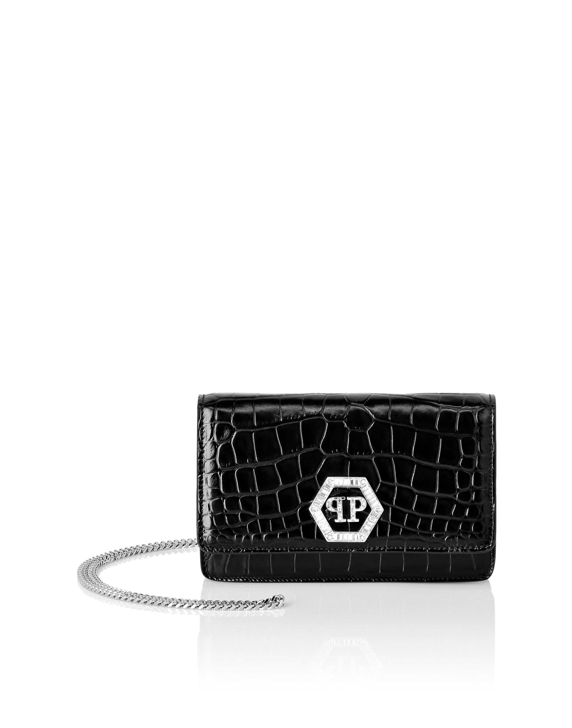 Clutch PHILIPP PLEIN "Hexagon Crocco Geprägt", Damen, 02, schwarz, Taschen