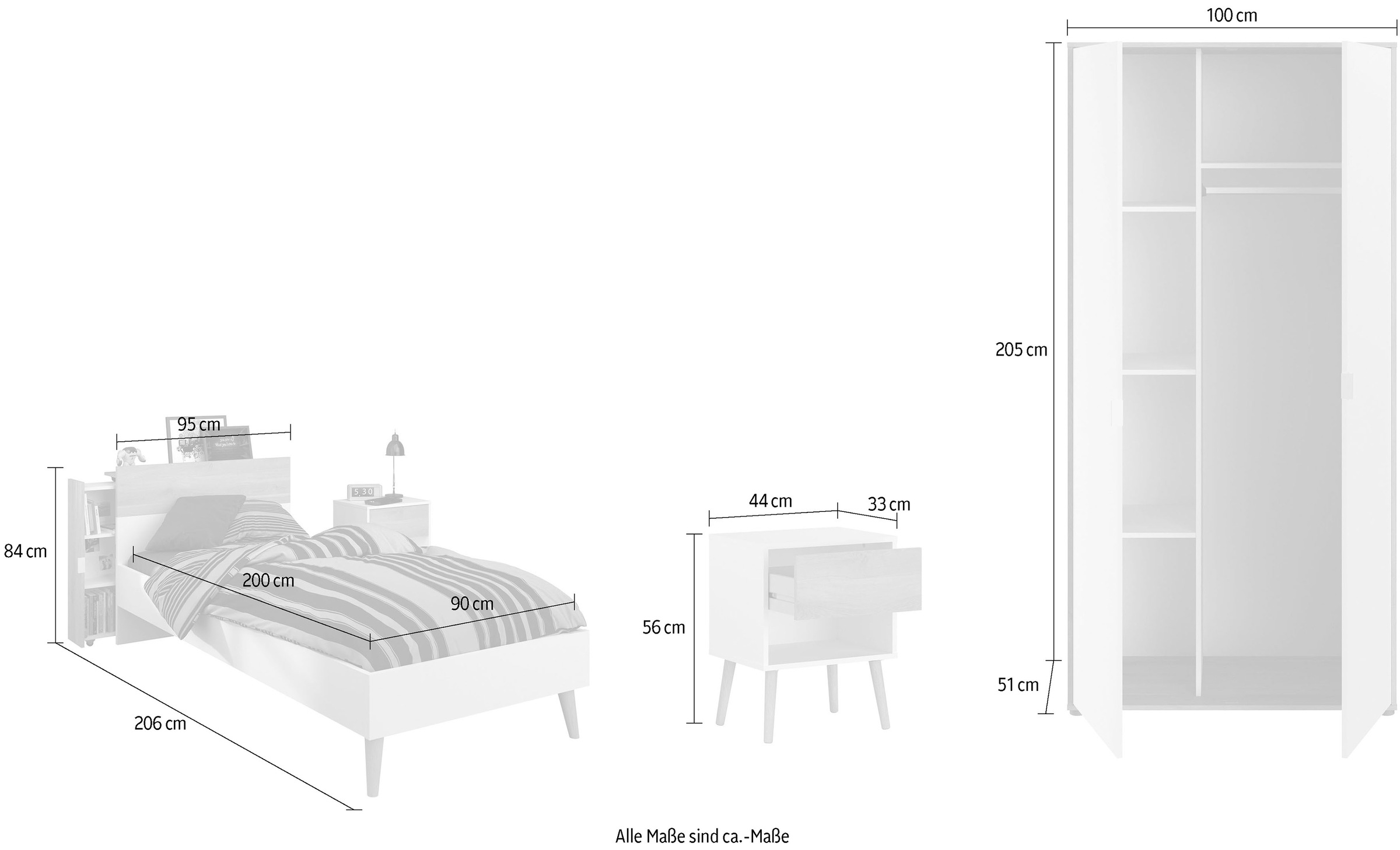 Parisot Jugendzimmer-Set »Parisot Aalborg 3«, (Set, 3 tlg.), ausziehbares Anstellragl mit drei Fächern - rechts oder links anbaubar