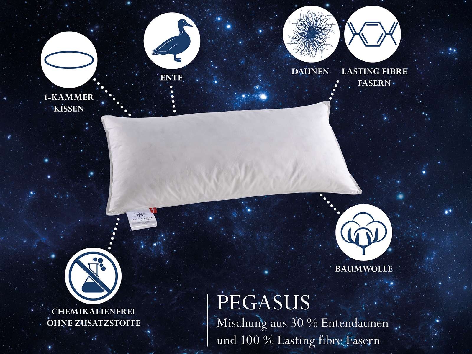 Universe of sleeping Baumwollkissen »mit Mischung aus 50% Polyesterfasern & 50% Feder-Daunenfüllung«, Füllung: Mischung aus 50% Polyesterfasern & 50% Feder-Daunenfüllung, (1 St.), Kopfkissen 40x80 cm. Dauerbauschig, pflegeleicht, Allergiker geeignet