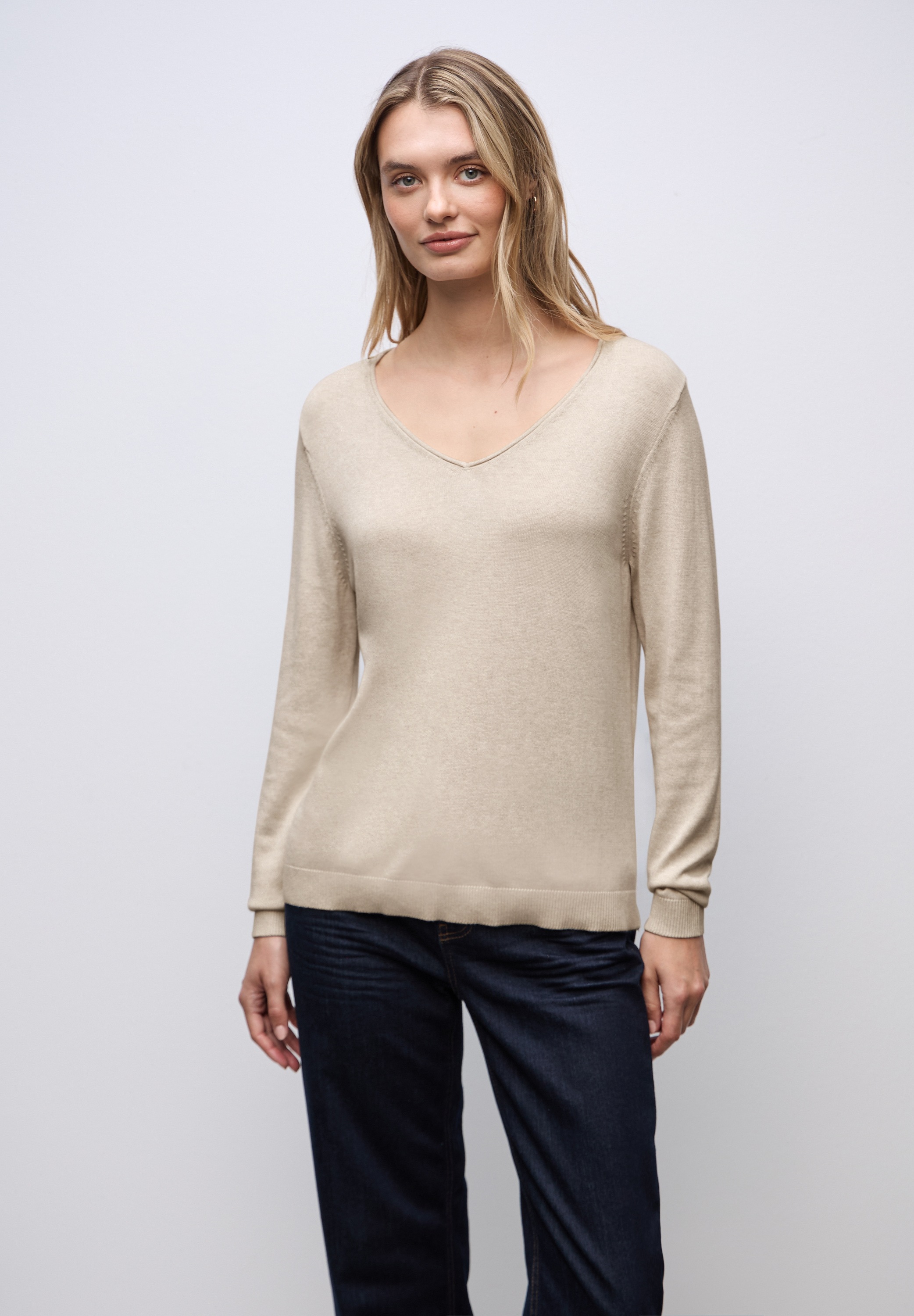 V-Ausschnitt-Pullover STREET ONE, Damen, Gr. 46, tusk cream meliert, Stoff, 60% Viskose, 40% Baumwolle, unifarben, normal normal, V-Ausschnitt, abgesteppt, Pullover, Feinstrick