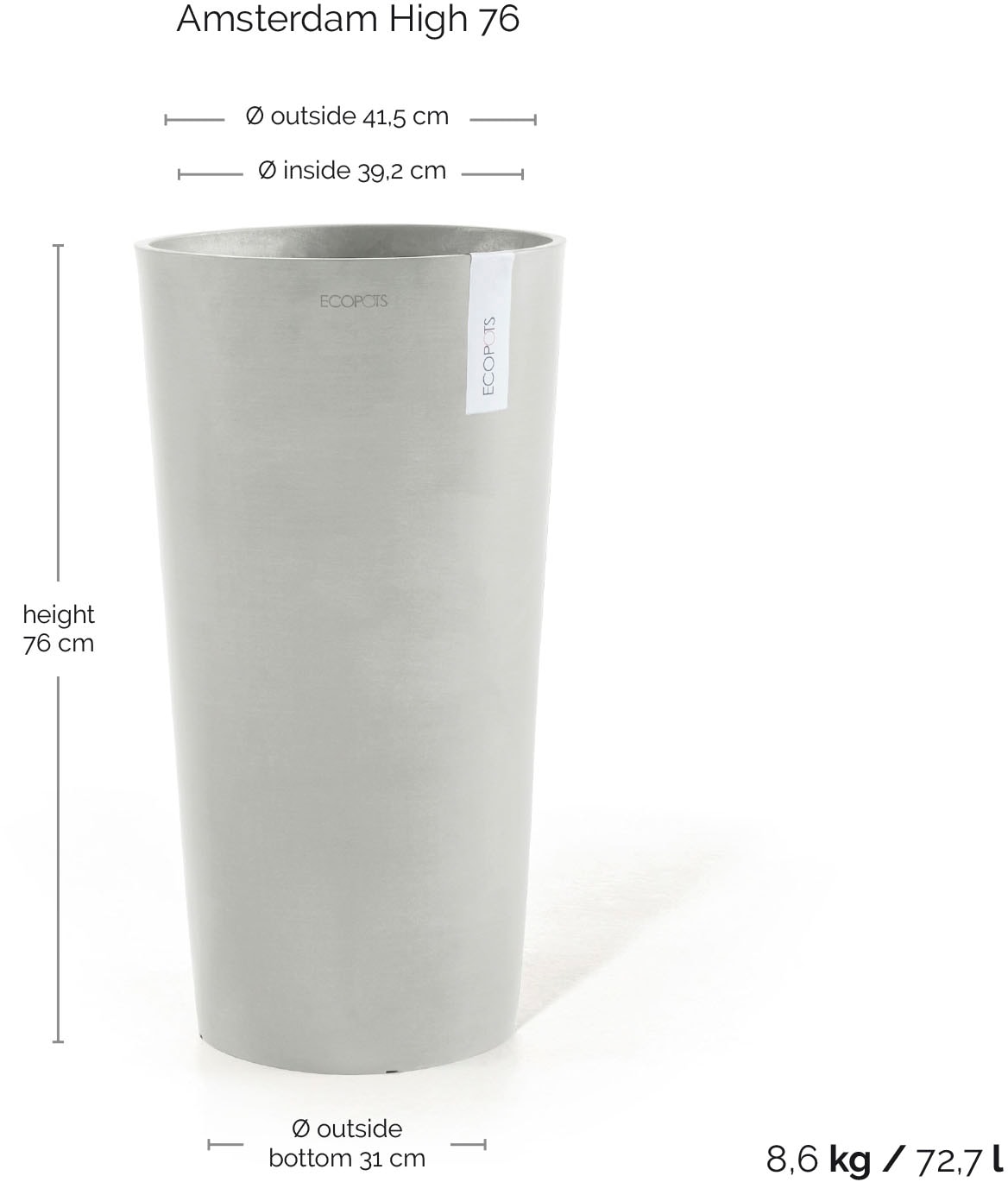 ECOPOTS Blumentopf »AMSTERDAM HIGH White Grey« BxTxH: 41x41x76 cm