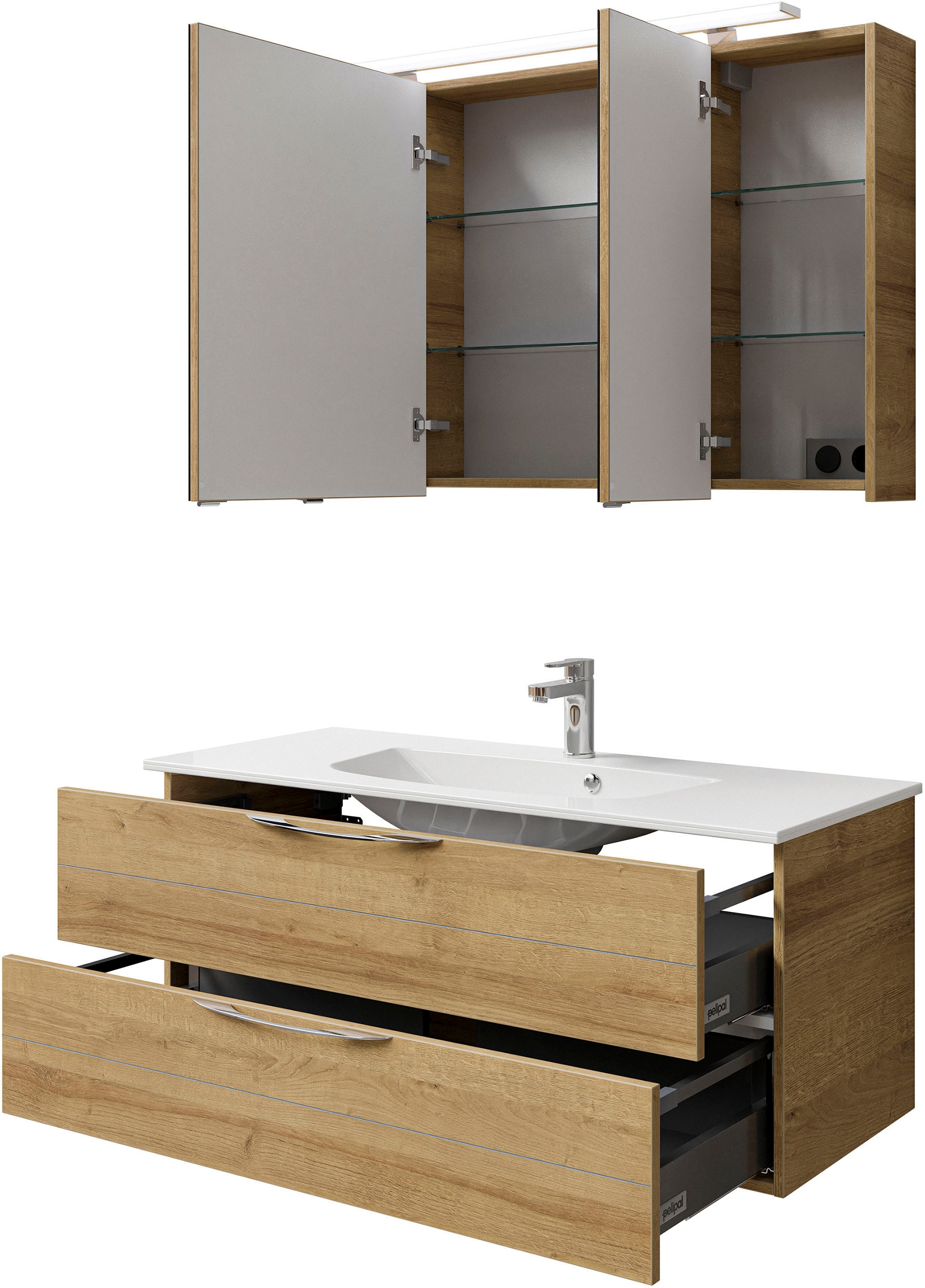 Saphir Badmöbel-Set »Serie 6025 2-teilig Mineralmarmor-Waschtisch mit LED-Spiegelschrank«, (2 St.), Waschplatz 117cm breit, 2 Schubladen, 3 Spiegel-Türen, inkl Türdämpfer