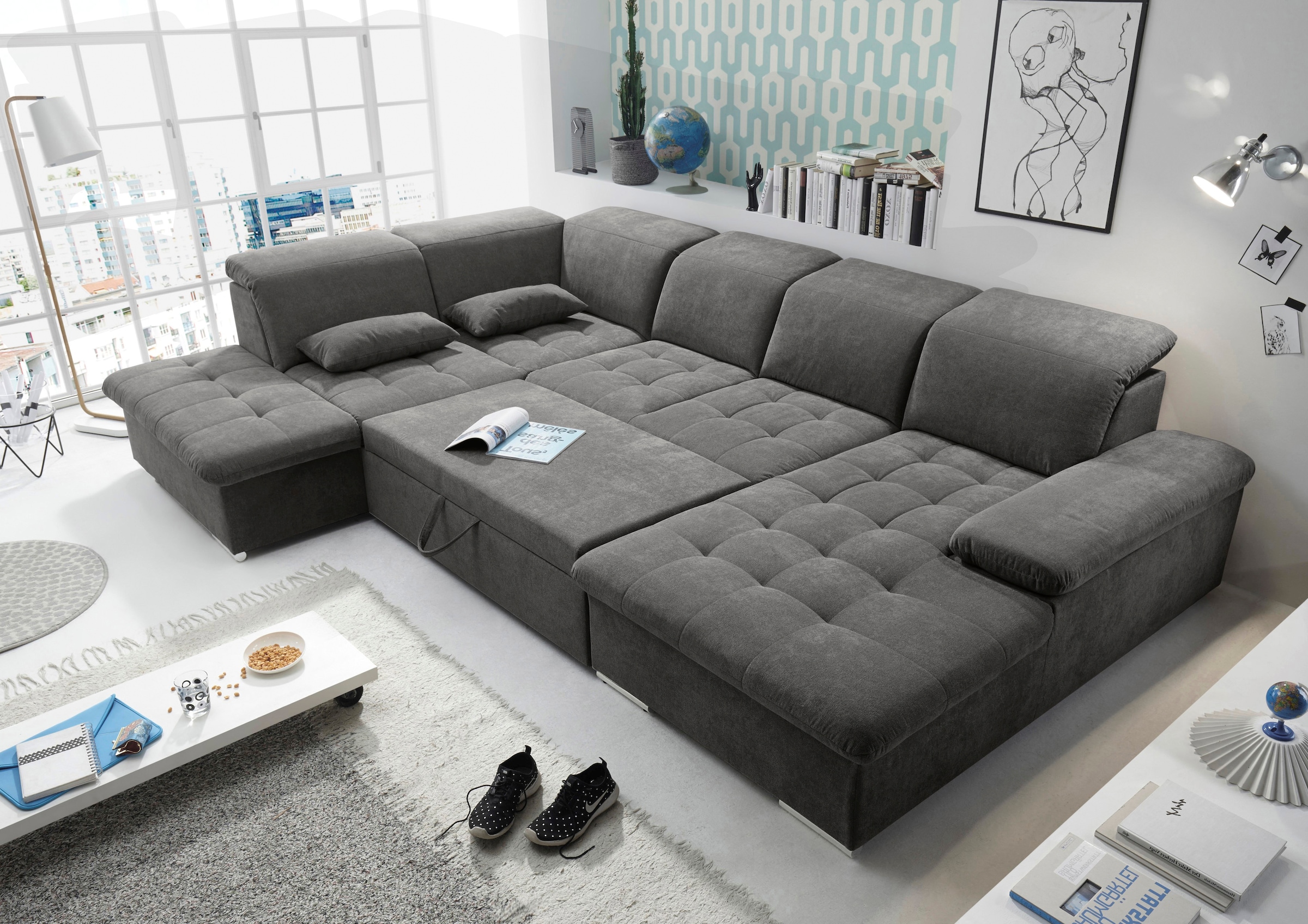 ED EXCITING DESIGN Wohnlandschaft Wayne, mit Bettfunktion, Bettkasten und Nierenkissen.  1 Armteil- und 5 Kopfteilverstellungen